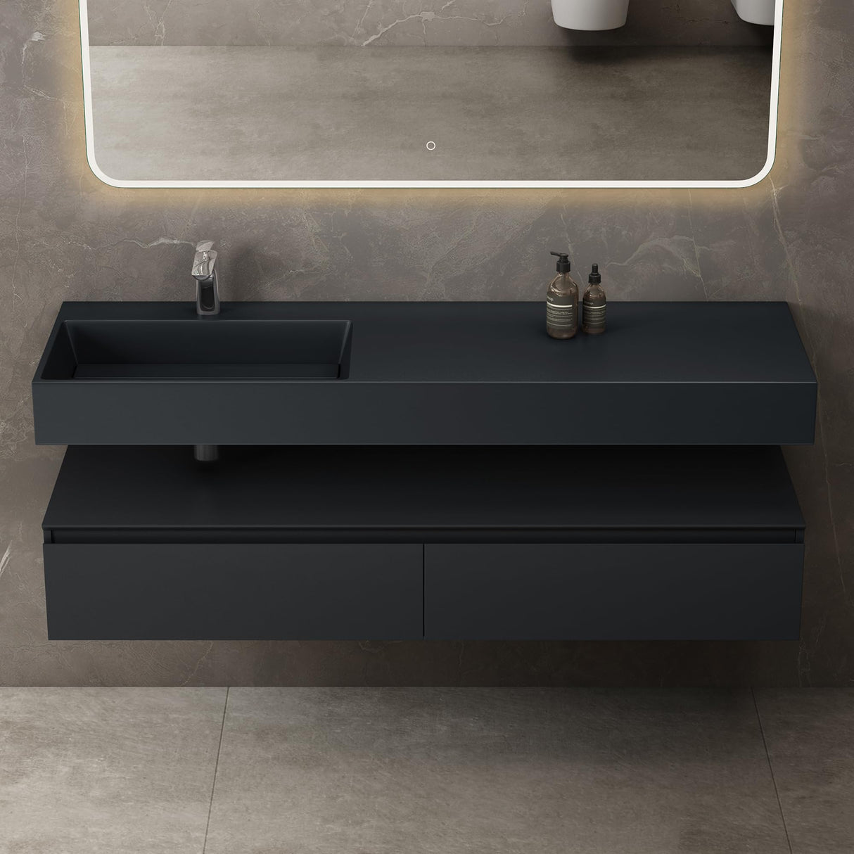 conjunto de muebles de baño glasvilla lavabo con mueble inferior 150x48x25cm con cajones de cierre suave incl. lavabo de mineral fundido UP