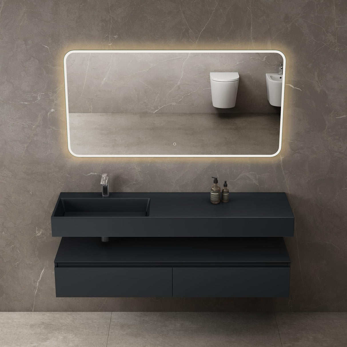 conjunto de muebles de baño glasvilla lavabo con mueble inferior 150x48x25cm con cajones de cierre suave incl. lavabo de mineral fundido UP