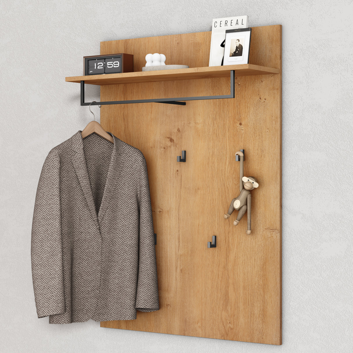 glasvilla Pannello Appendiabiti da Parete con Asta e 5 Appendiabiti, Mensola, Appendiabiti Guardaroba per Ingresso Corridoio, Gabo-01