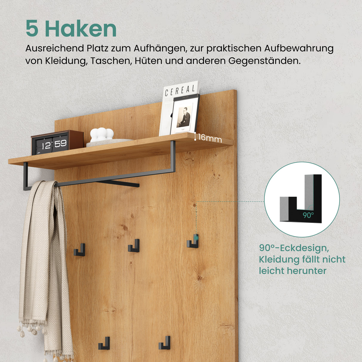 glasvilla Pannello Appendiabiti da Parete con Asta e 5 Appendiabiti, Mensola, Appendiabiti Guardaroba per Ingresso Corridoio, Gabo-01