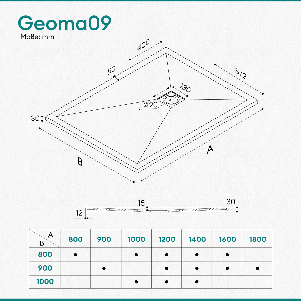glasvilla Duschwanne Duschtasse de Mineralguss Mineralgusswan DIN-Anschlüsse Geoma09