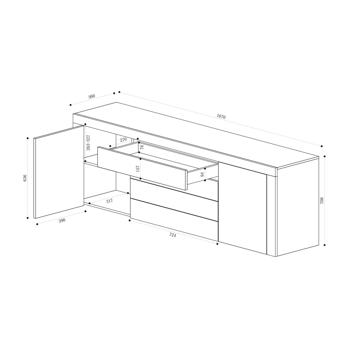 glasvilla Aparador Almacenamiento BTH: 167x36x70 cm con 2 Armarios y 4 Cajones Comoda Mueble Armario03