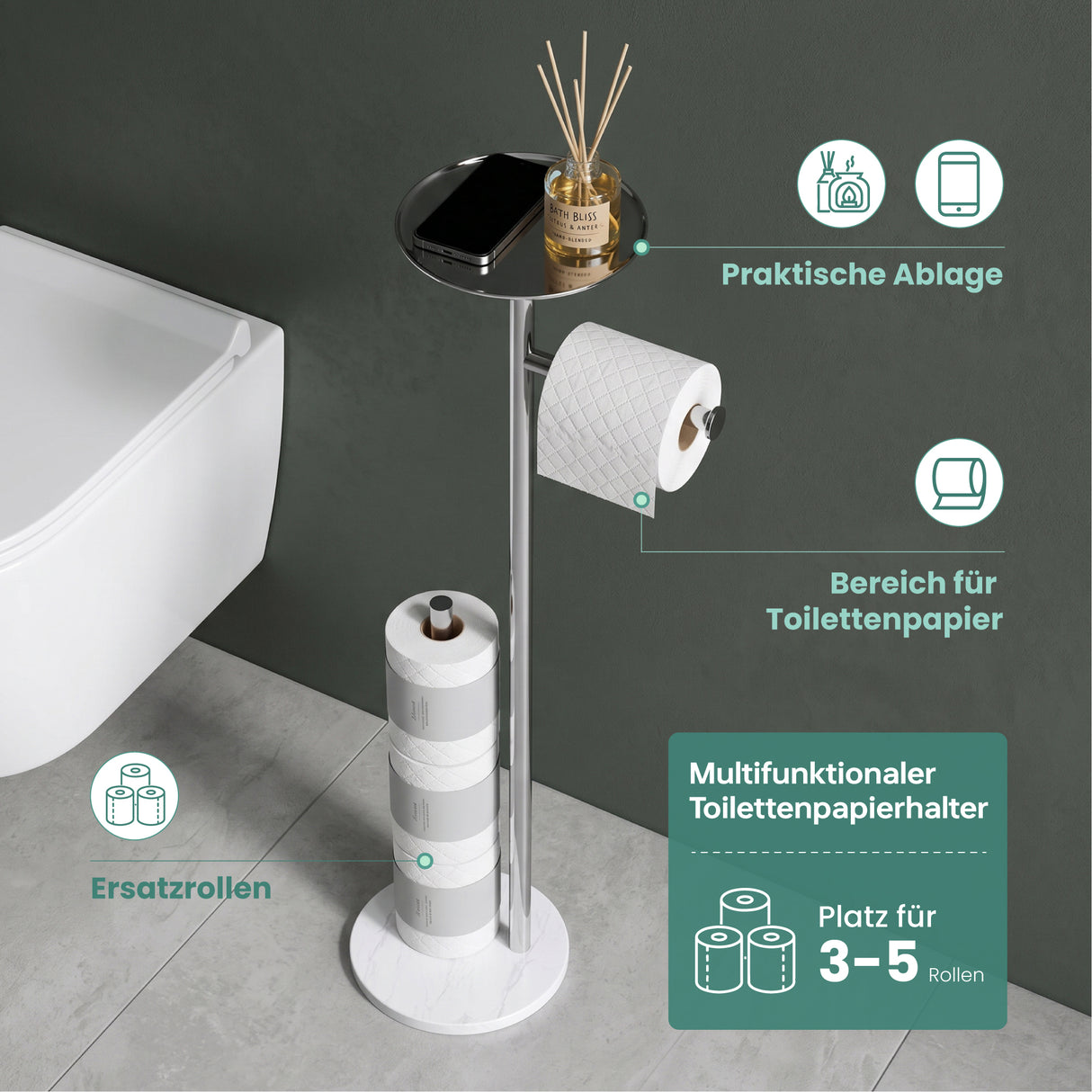 glasvilla Klopapierhalter Stehend, Toilettenpapierhalter | Edelstahl, Klorollenhalter freistehend, Toilettenpapier Aufbewahrung für 4 Rollen, ohne Bohren, für Badezimmer & WC Lino-06