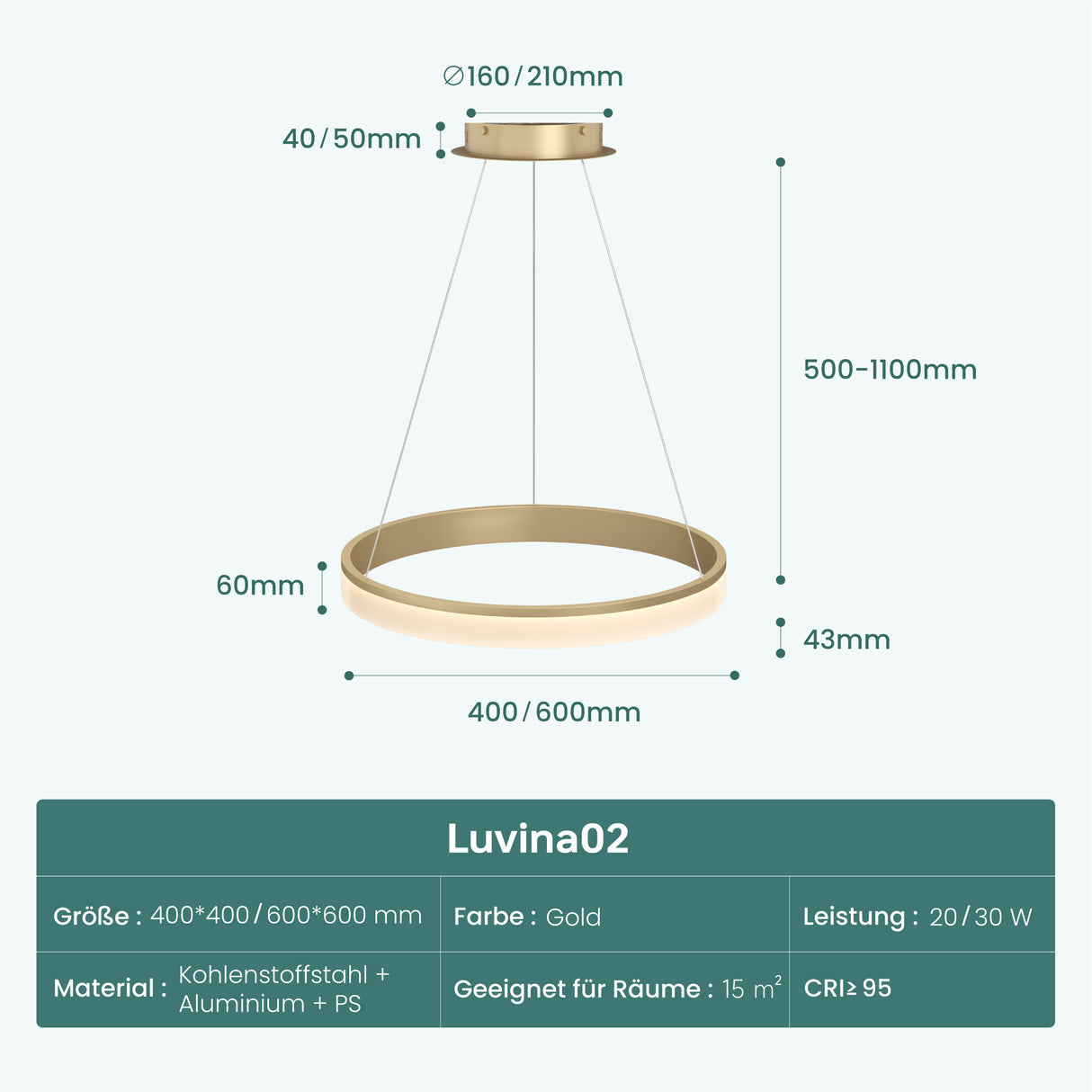 glasvilla Pendelleuchte Esstisch, LED Hängelampe, stufenlos dimmbar 3000K–6000K, höhenverstellbare Esstischlampe mit Fernbedienung & Wandschalter Luvina02