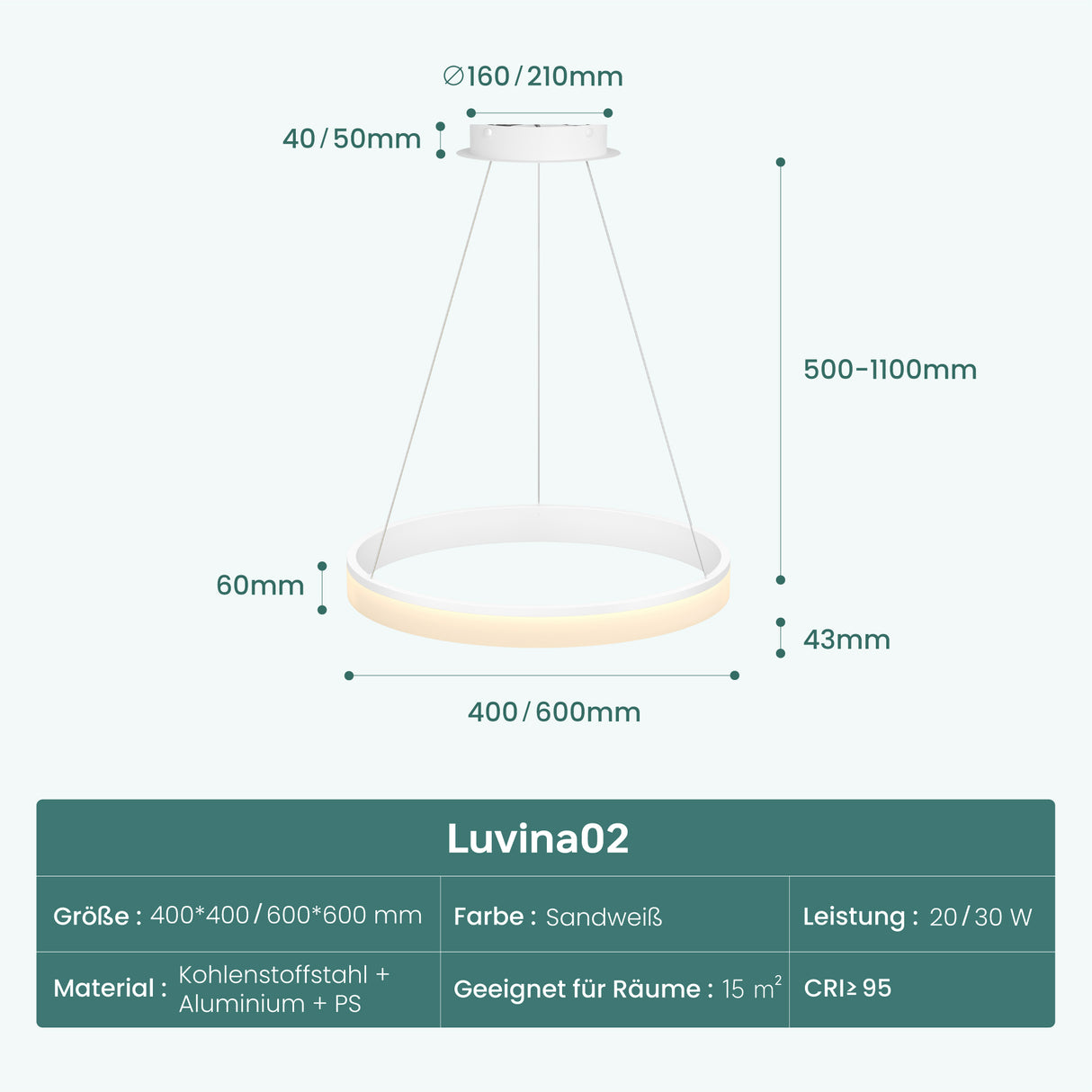 glasvilla Pendelleuchte Esstisch, LED Hängelampe, stufenlos dimmbar 3000K–6000K, höhenverstellbare Esstischlampe mit Fernbedienung & Wandschalter Luvina02