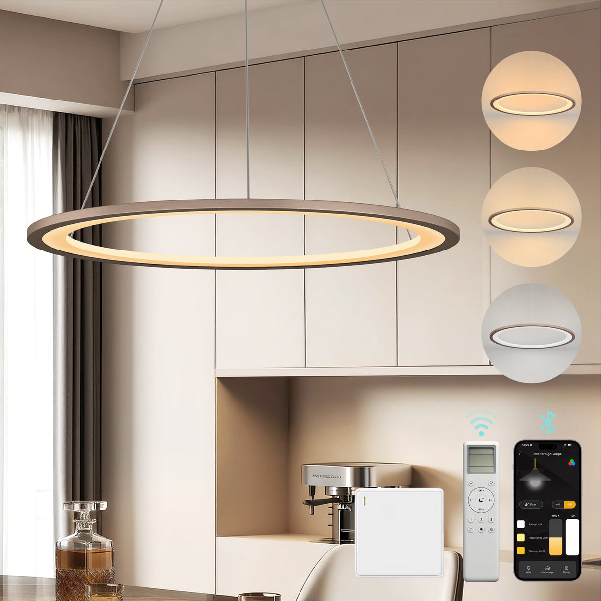 glasvilla Pendelleuchte Esstisch, LED Hängelampe, stufenlos dimmbar 3000K–6000K, höhenverstellbare Esstischlampe mit Fernbedienung & Wandschalter Luvina01