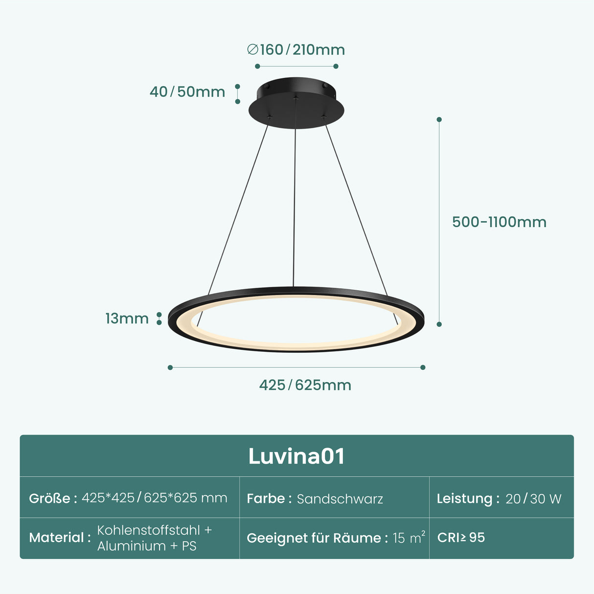 glasvilla Pendelleuchte Esstisch, LED Hängelampe, stufenlos dimmbar 3000K–6000K, höhenverstellbare Esstischlampe mit Fernbedienung & Wandschalter Luvina01