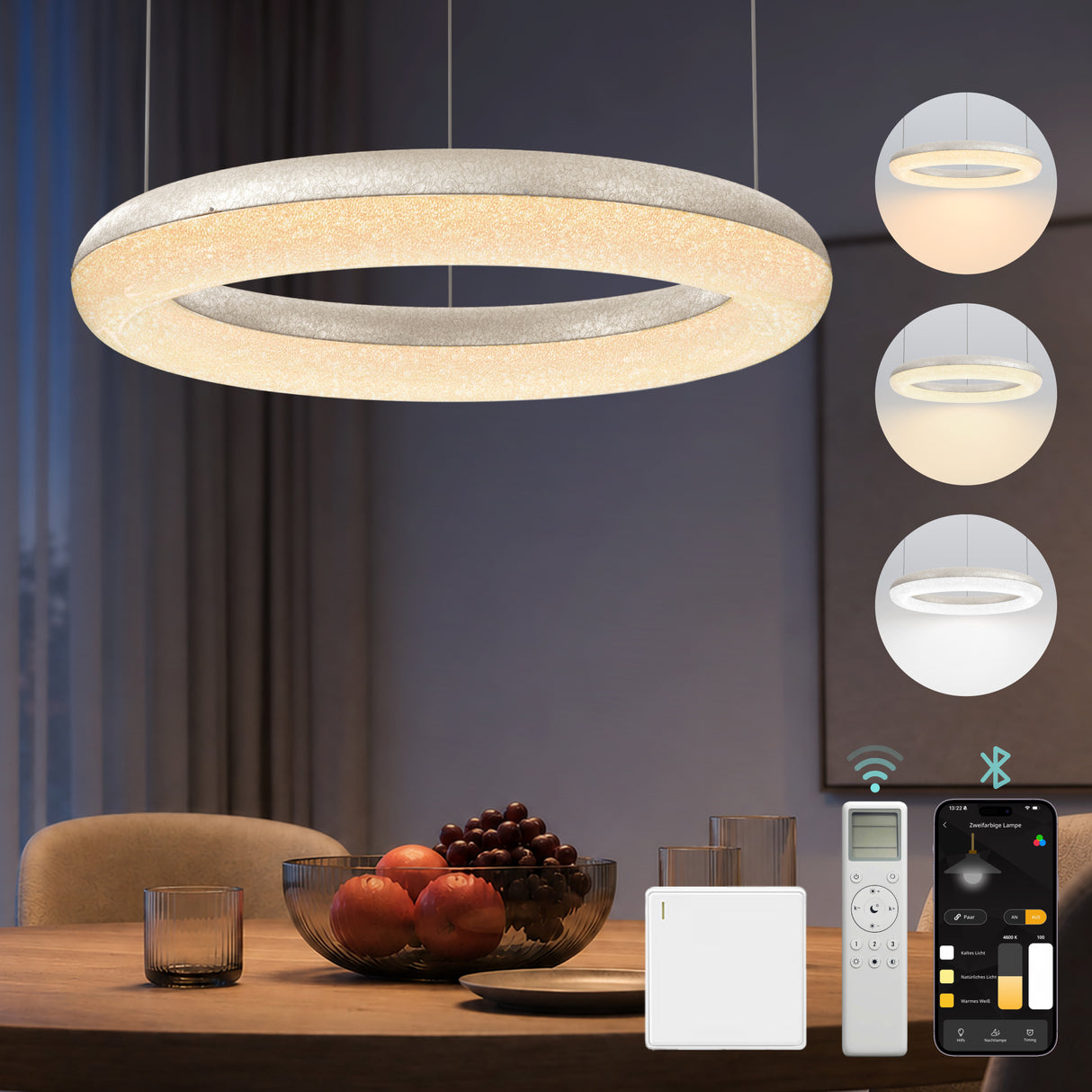 glasvilla Lampadario Sospensione, Lampada 3000-6000K con Filo 170 CM, Altezza Regolabile, Lampada da Soffitto a Sospensione per Camera da Letto, Cucina e Soggiorno, Luvina03
