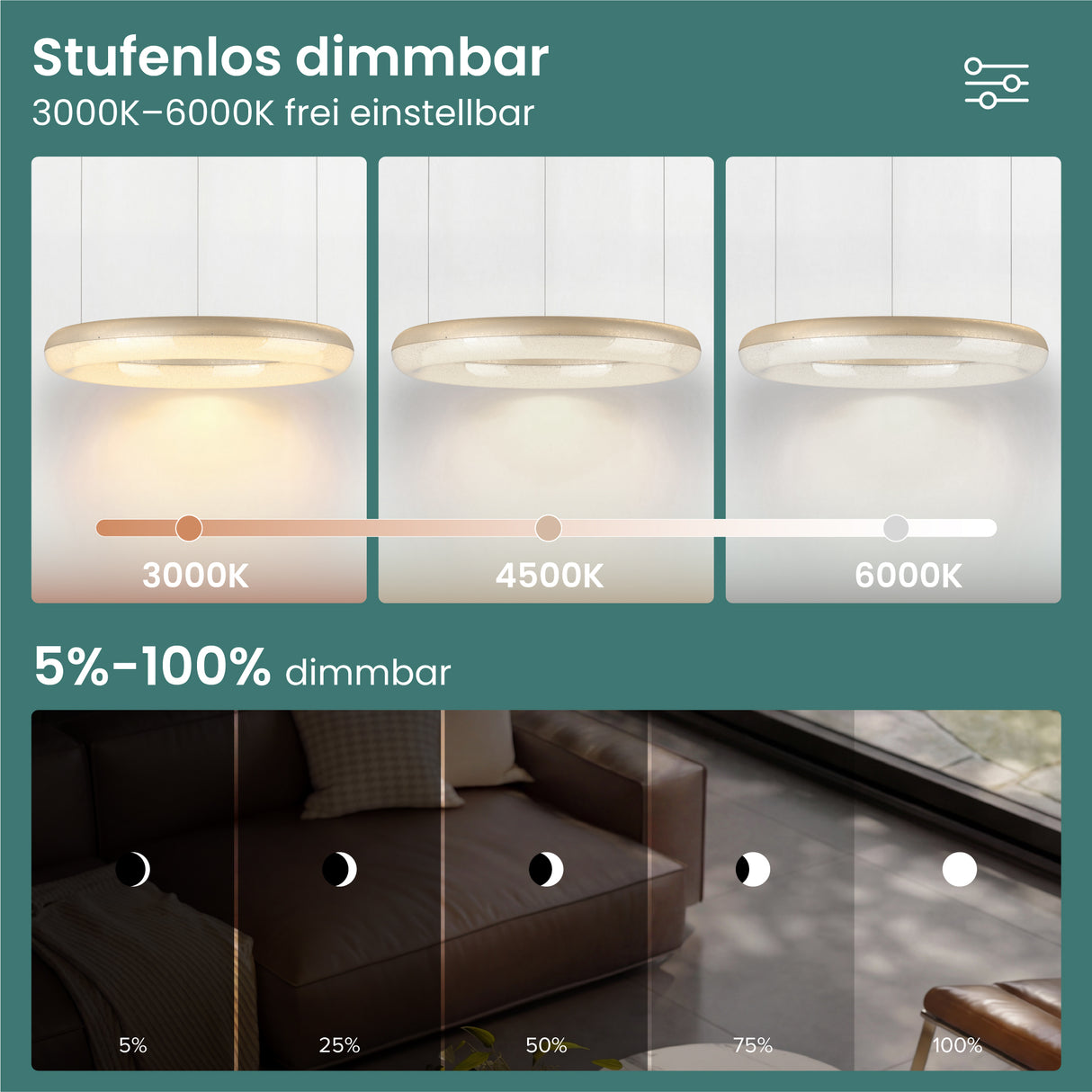 glasvilla Pendelleuchte Esstisch, LED Moderne Hängelampe, stufenlos dimmbar 3000K–6000K, höhenverstellbare Design Esstischlampe mit Fernbedienung & Wandschalter, Luvina03