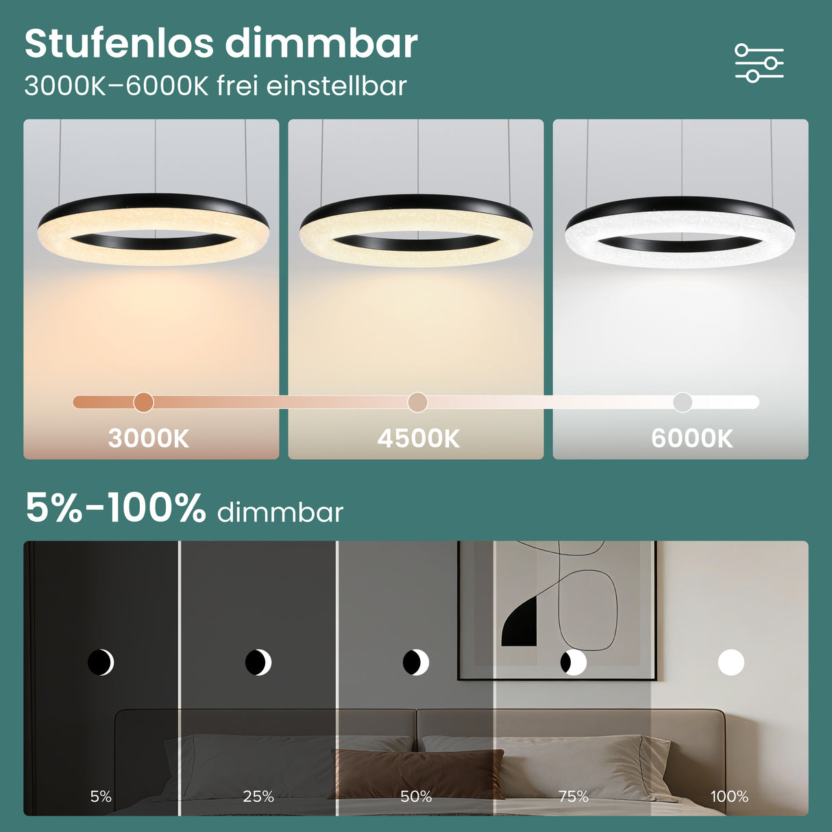 glasvilla Lampadario Sospensione, Lampada 3000-6000K con Filo 170 CM, Altezza Regolabile, Lampada da Soffitto a Sospensione per Camera da Letto, Cucina e Soggiorno, Luvina03