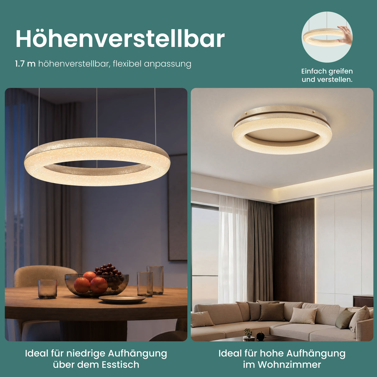 glasvilla Lampadario Sospensione, Lampada 3000-6000K con Filo 170 CM, Altezza Regolabile, Lampada da Soffitto a Sospensione per Camera da Letto, Cucina e Soggiorno, Luvina03