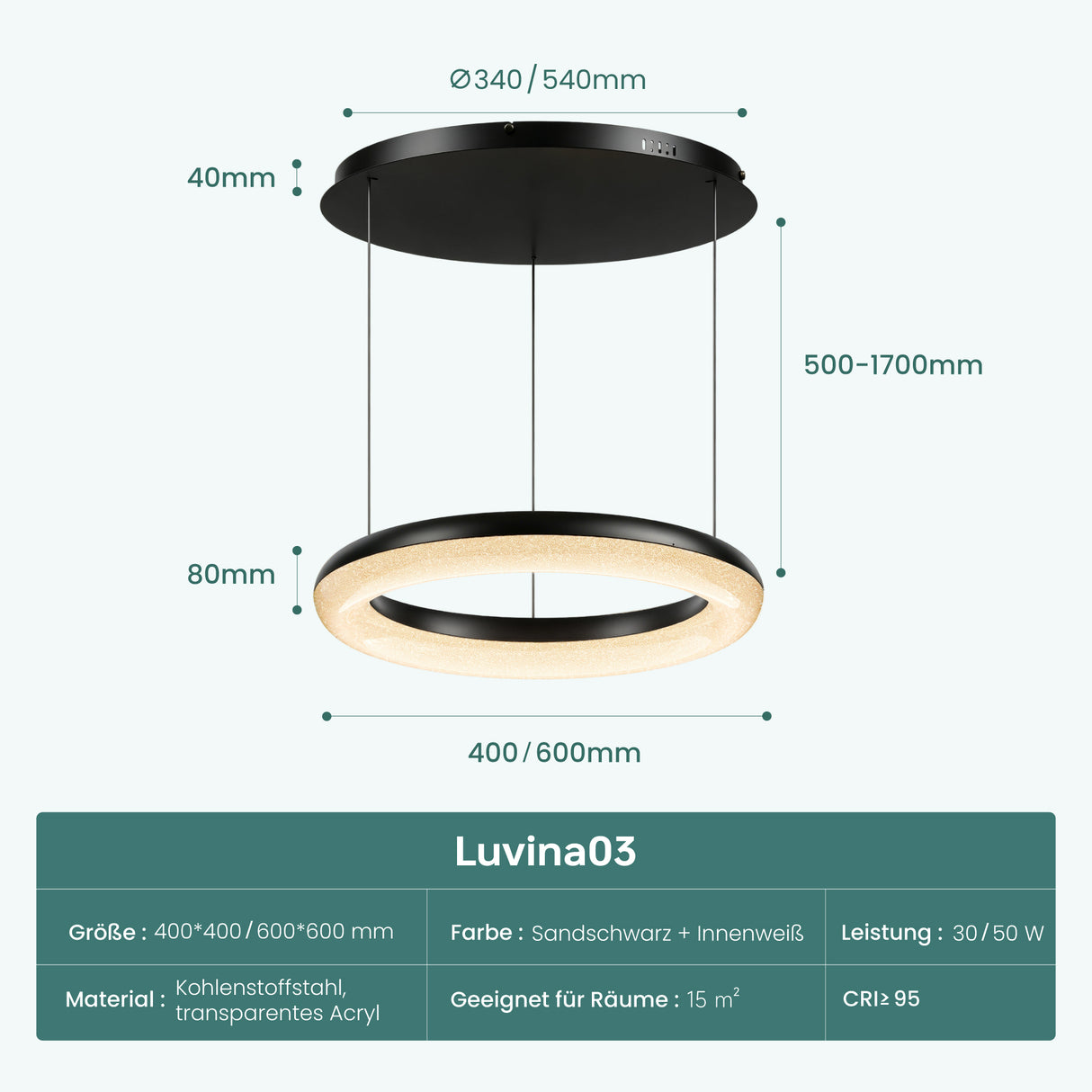 glasvilla Lampadario Sospensione, Lampada 3000-6000K con Filo 170 CM, Altezza Regolabile, Lampada da Soffitto a Sospensione per Camera da Letto, Cucina e Soggiorno, Luvina03