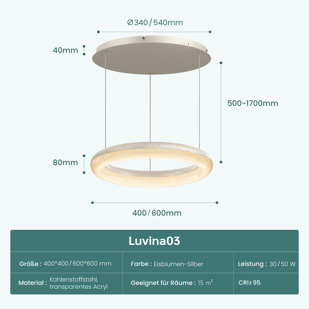 glasvilla Lampadario Sospensione, Lampada 3000-6000K con Filo 170 CM, Altezza Regolabile, Lampada da Soffitto a Sospensione per Camera da Letto, Cucina e Soggiorno, Luvina03
