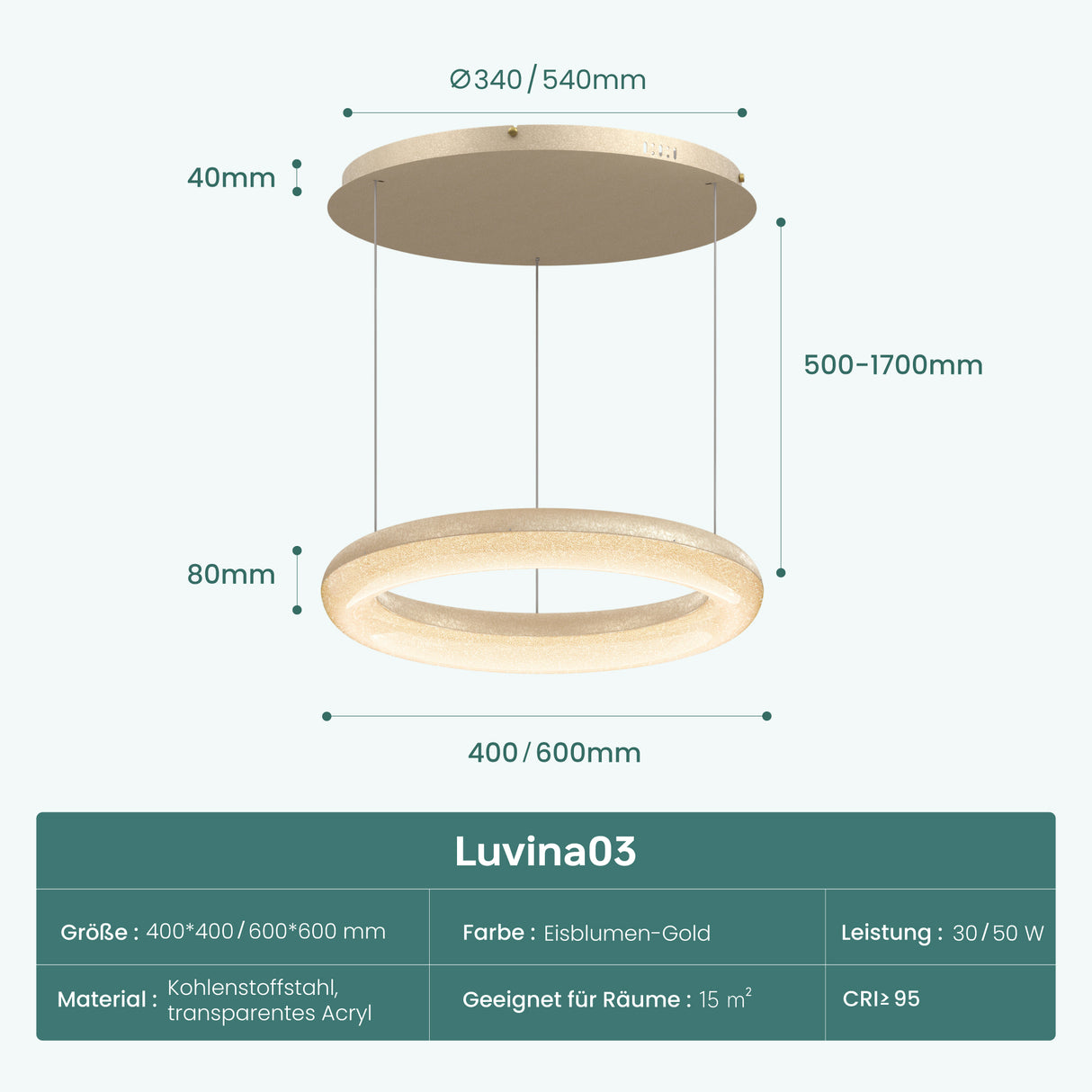 glasvilla Lampadario Sospensione, Lampada 3000-6000K con Filo 170 CM, Altezza Regolabile, Lampada da Soffitto a Sospensione per Camera da Letto, Cucina e Soggiorno, Luvina03