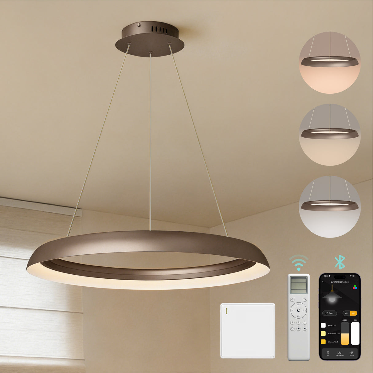 glasvilla Pendelleuchte Esstisch, LED Moderne Hängelampe, stufenlos dimmbar 3000K–6000K, höhenverstellbare Design 20W Esstischlampe mit Fernbedienung & Wandschalter, Luvina04