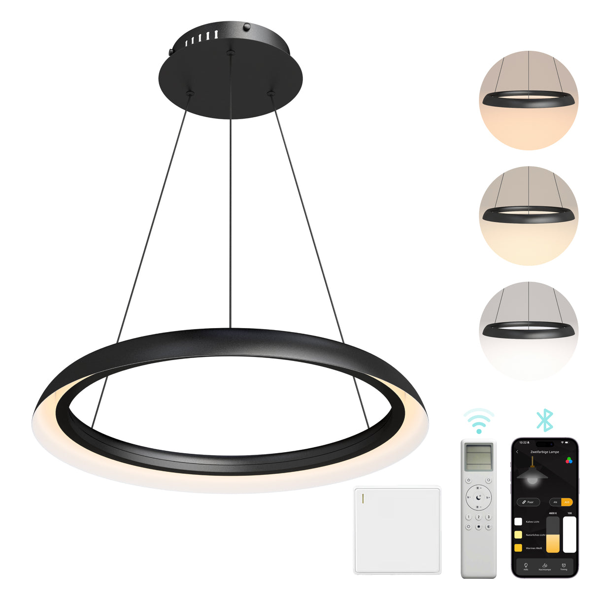 glasvilla Pendelleuchte Esstisch, LED Moderne Hängelampe, stufenlos dimmbar 3000K–6000K, höhenverstellbare Design 20W Esstischlampe mit Fernbedienung & Wandschalter, Luvina04