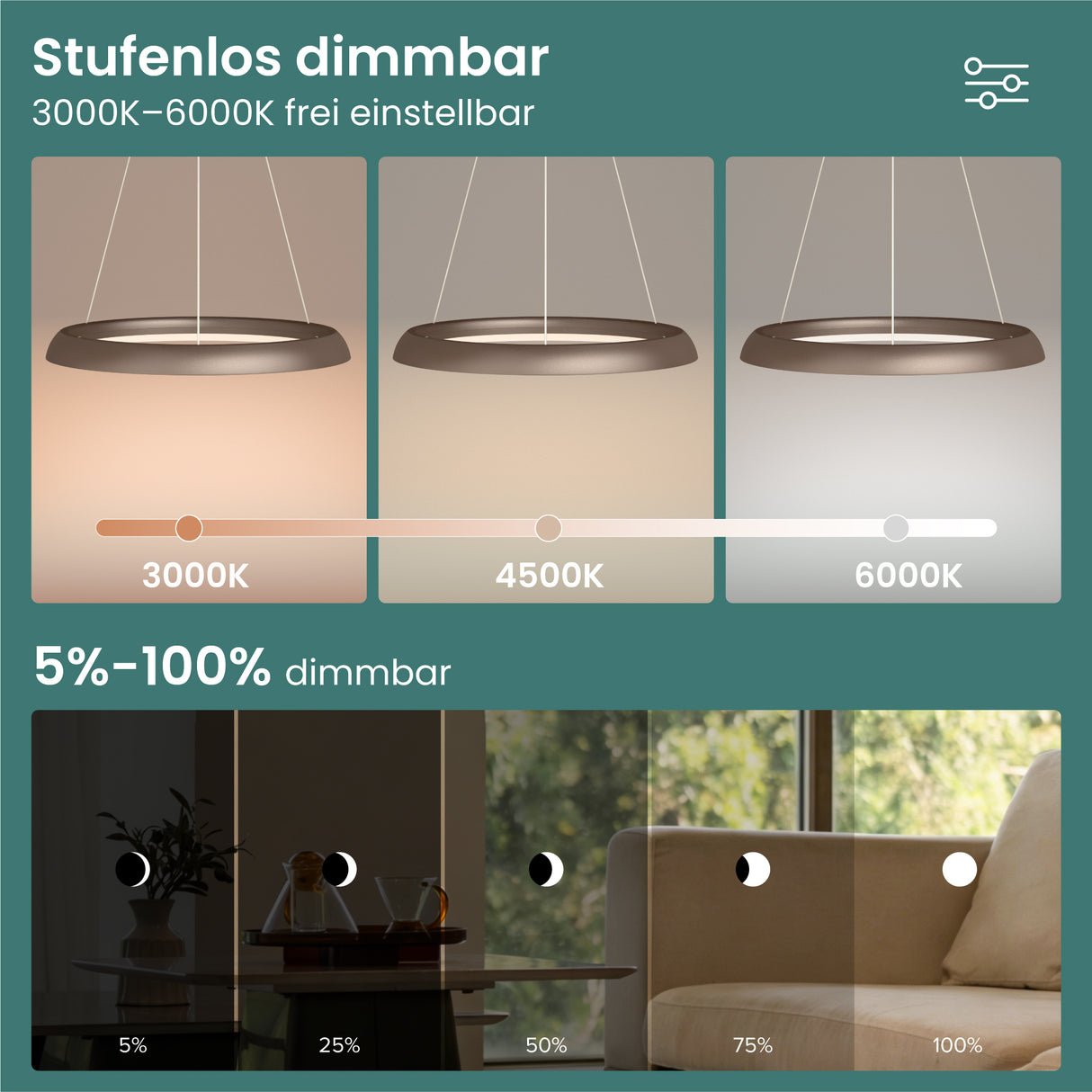 glasvilla Pendelleuchte Esstisch, LED Moderne Hängelampe, stufenlos dimmbar 3000K–6000K, höhenverstellbare Design 20W Esstischlampe mit Fernbedienung & Wandschalter, Luvina04
