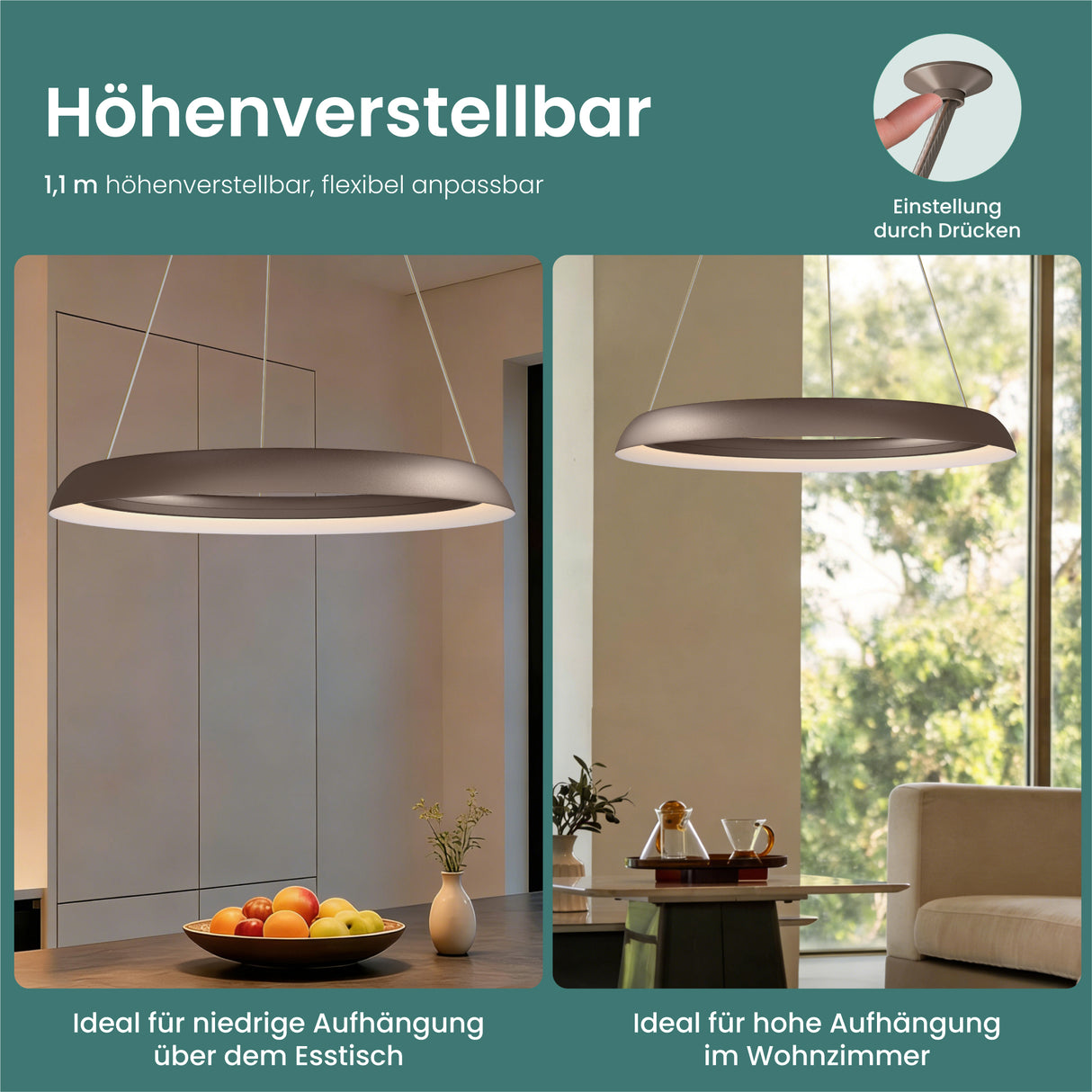 glasvilla Pendelleuchte Esstisch, LED Moderne Hängelampe, stufenlos dimmbar 3000K–6000K, höhenverstellbare Design 20W Esstischlampe mit Fernbedienung & Wandschalter, Luvina04