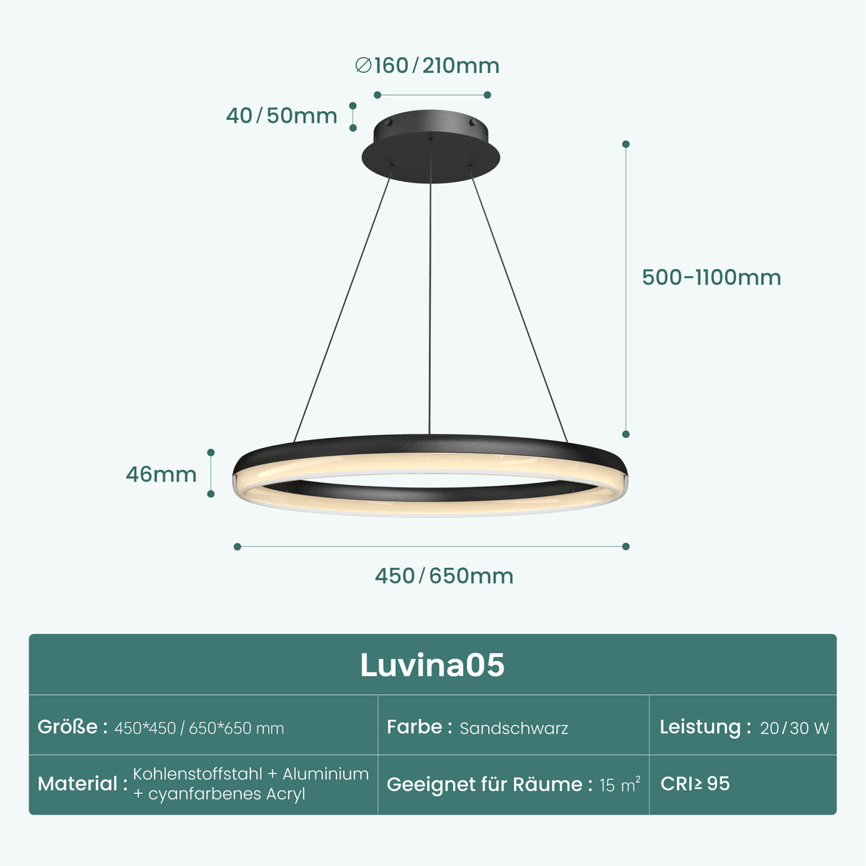 glasvilla Mai & Mai Pendelleuchte Esstisch, LED Moderne Hängelampe, stufenlos dimmbar 3000K–6000K, höhenverstellbare Design Esstischlampe mit Fernbedienung & Wandschalter, Luvina05