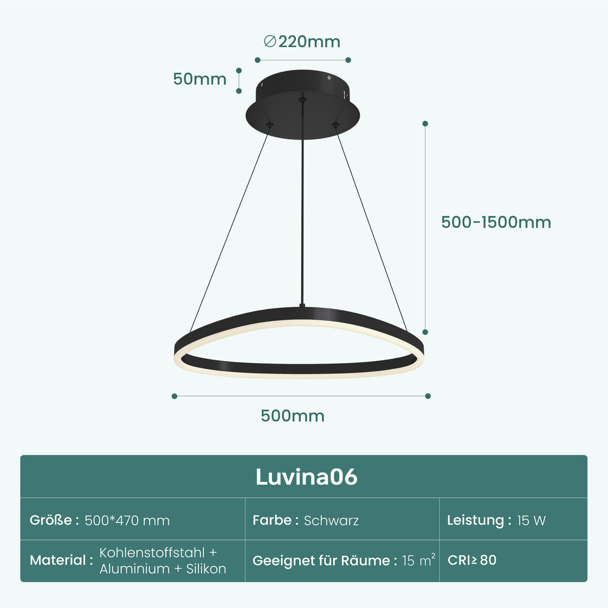 Glasvilla Design – Lámpara colgante LED 50 cm con diseño ondulado, regulable 3000K–6000K (16W)