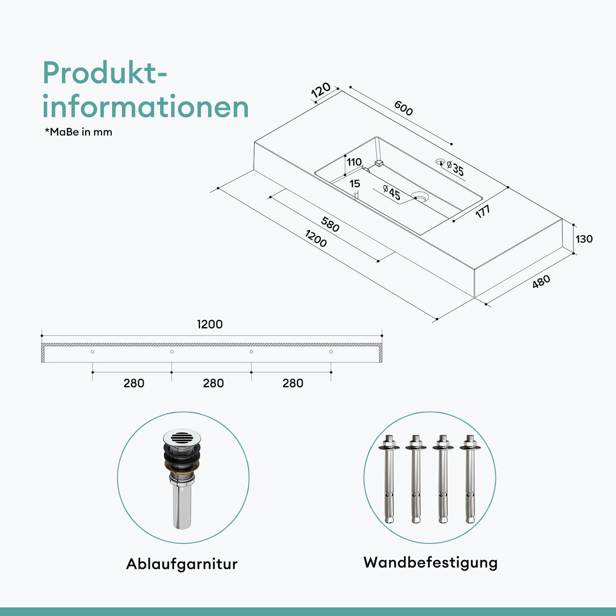 glasvilla Waschbecken Aufsatzwaschbecken Hängewaschbecken aus Mineralguss Col12