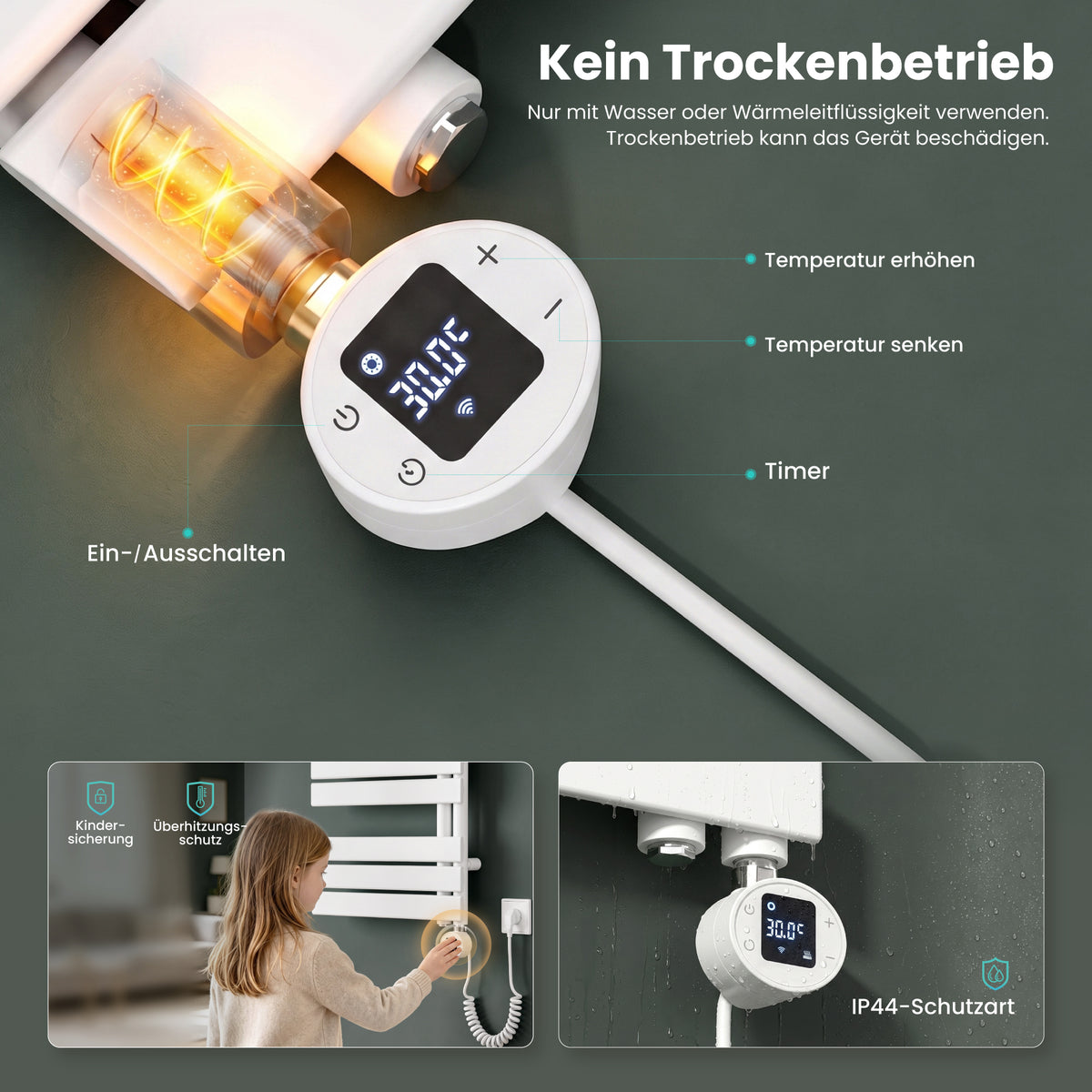 glasvilla Badheizkörper,mit Heizstab Badheizung,Handtuchheizkörper mit Seitenanschluss, Handtuchwärmer mit Heizstab 600W/900W, App-Steuerung, Thermostat und Timerfunktion,FN con Heizstab-03