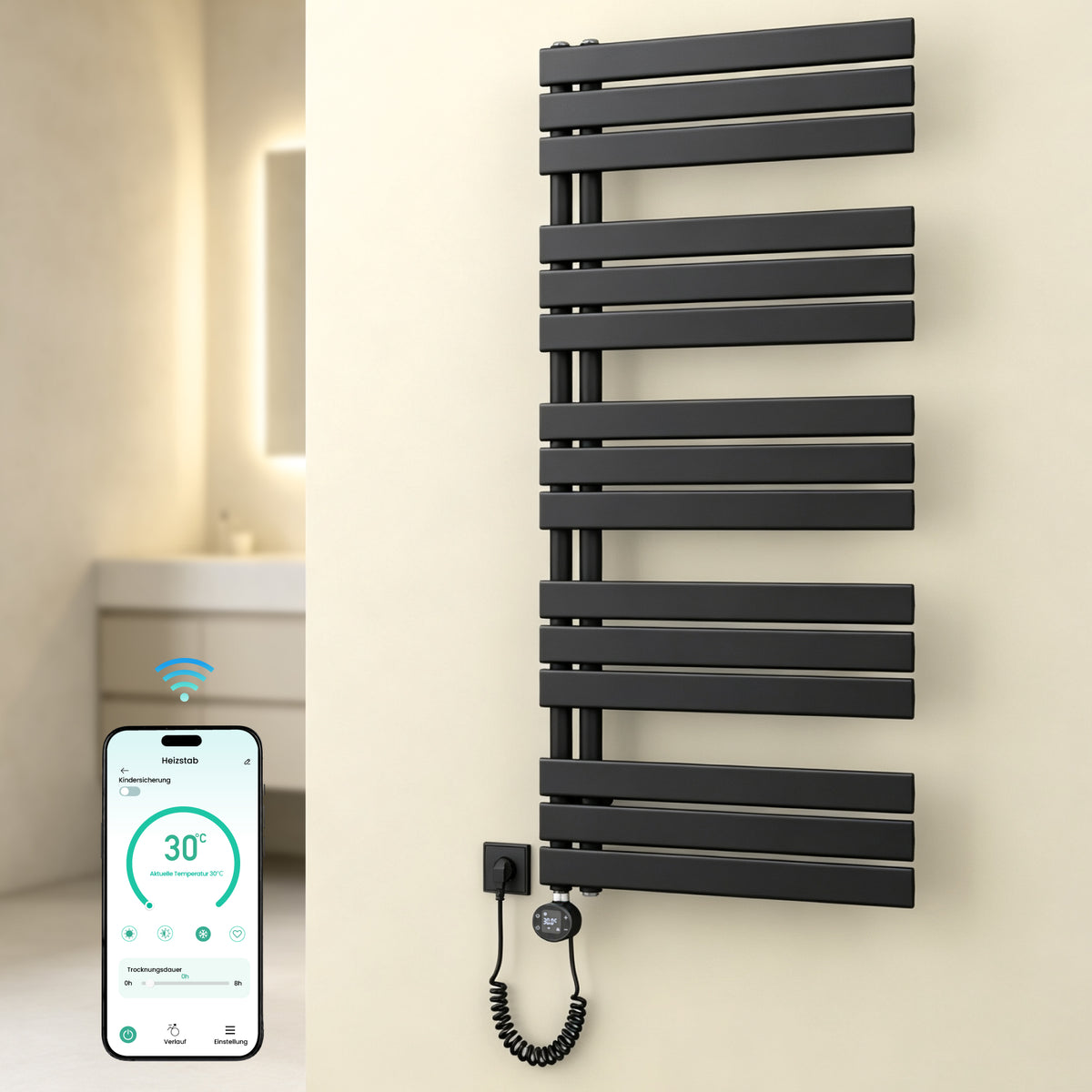 glasvilla Badheizkörper,mit Heizstab Badheizung,Handtuchheizkörper mit Seitenanschluss, Handtuchwärmer mit Heizstab 600W/900W, App-Steuerung, Thermostat und Timerfunktion,FN con Heizstab-03