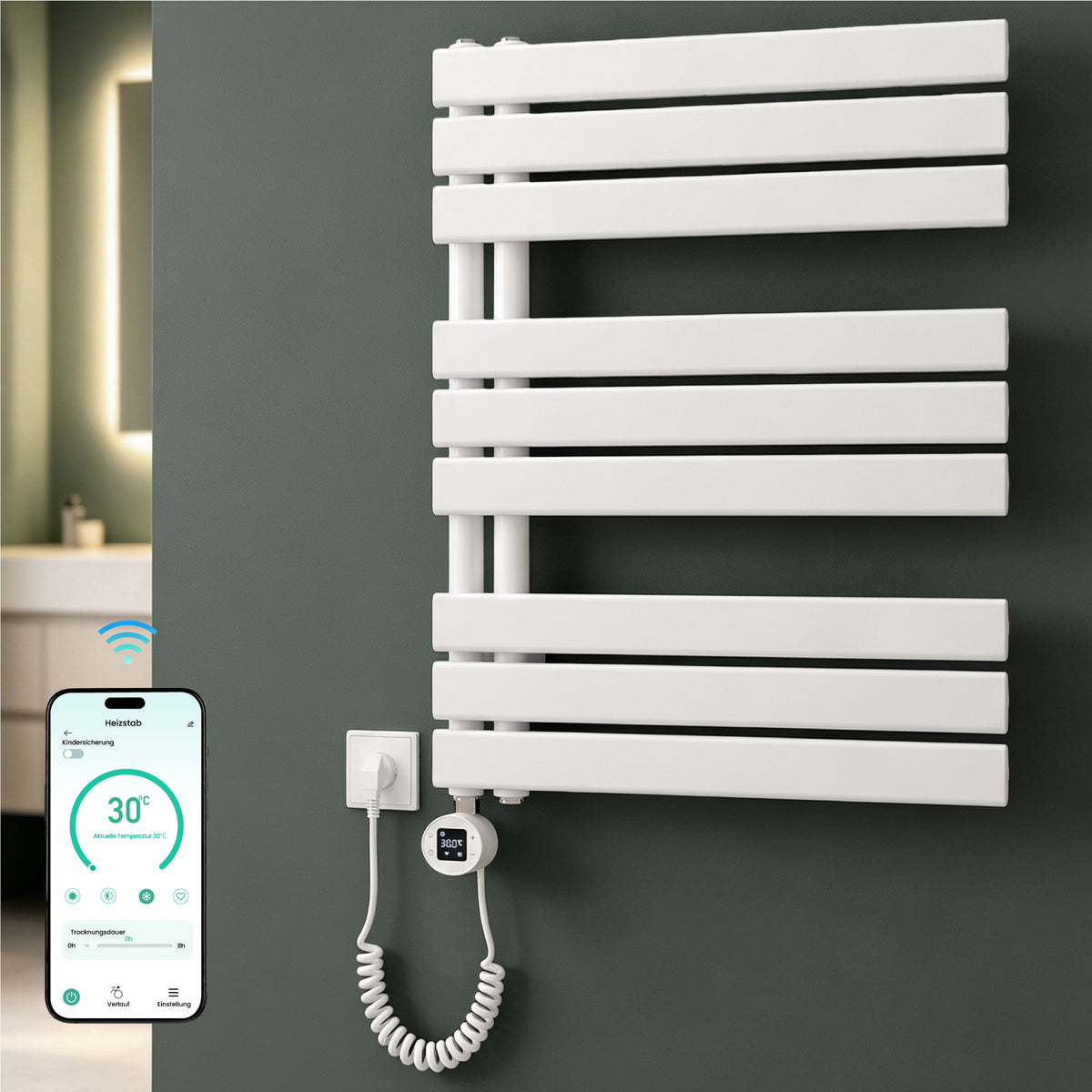 glasvilla Badheizkörper,mit Heizstab Badheizung,Handtuchheizkörper mit Seitenanschluss, Handtuchwärmer mit Heizstab 600W/900W, App-Steuerung, Thermostat und Timerfunktion,FN con Heizstab-03