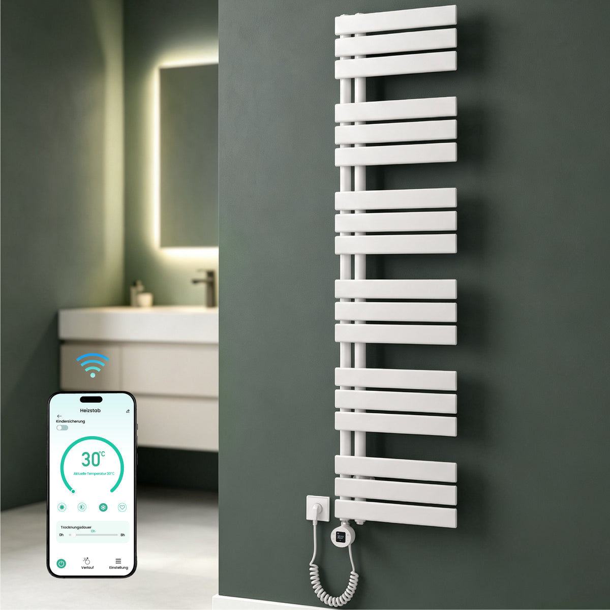glasvilla Badheizkörper,mit Heizstab Badheizung,Handtuchheizkörper mit Seitenanschluss, Handtuchwärmer mit Heizstab 600W/900W, App-Steuerung, Thermostat und Timerfunktion,FN con Heizstab-03