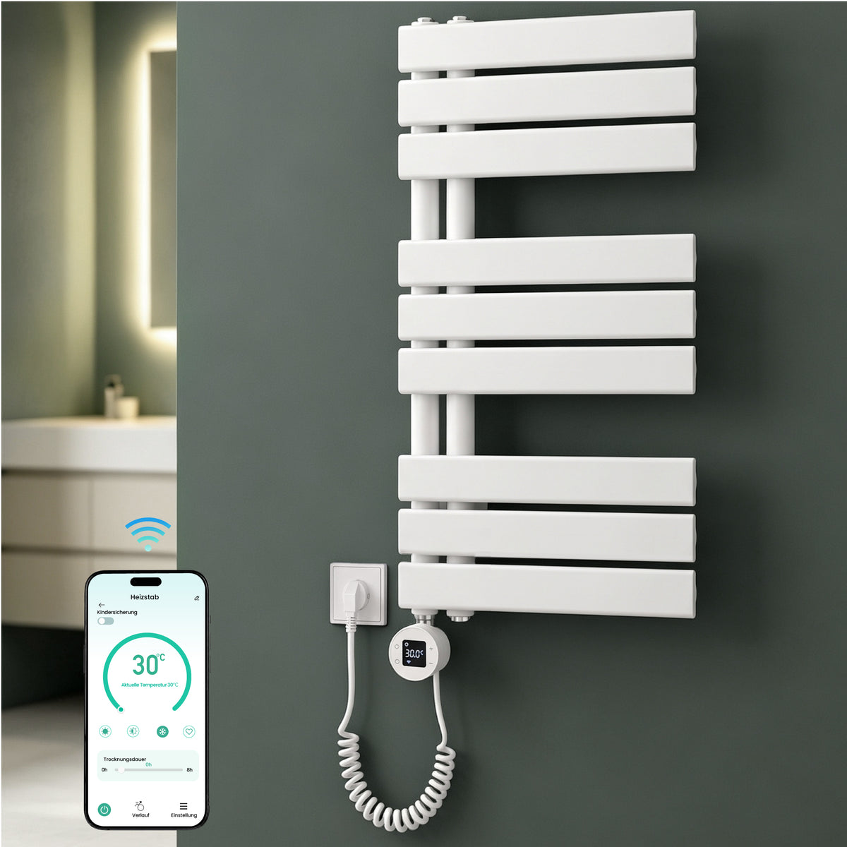glasvilla Badheizkörper,mit Heizstab Badheizung,Handtuchheizkörper mit Seitenanschluss, Handtuchwärmer mit Heizstab 600W/900W, App-Steuerung, Thermostat und Timerfunktion,FN con Heizstab-03