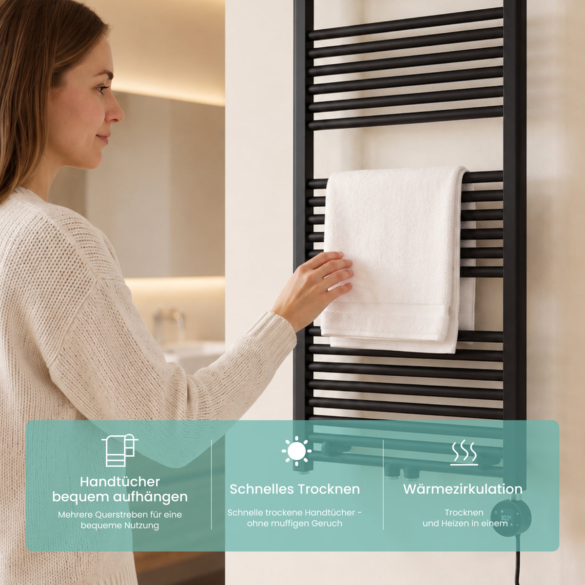 glasvilla Badheizkörper mit Heizstab Badheizung Handtuchheizkörper elektrisch mit App-Steuerung, Thermostat & Timer-Funktion, Röhrenheizkörper Seitenanschluss
