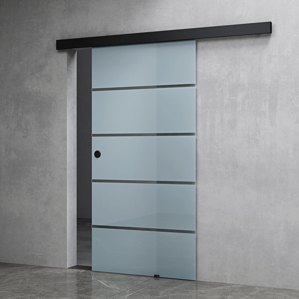 conjunto completo de puerta corredera de vidrio glasvilla, tipo de manija: manija de concha, incluye cierre suave, distancia de pared de 25 mm, vidrio de seguridad ESG de 8 mm Amalfi Negro