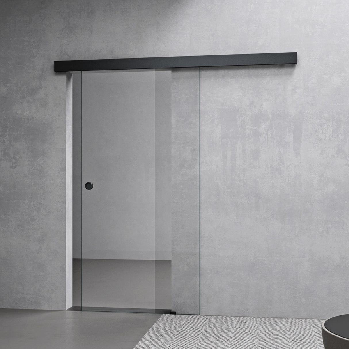 conjunto completo de puerta corredera de vidrio glasvilla, tipo de manija: manija de concha, incluye cierre suave, distancia de pared de 25 mm, vidrio de seguridad ESG de 8 mm Amalfi Negro