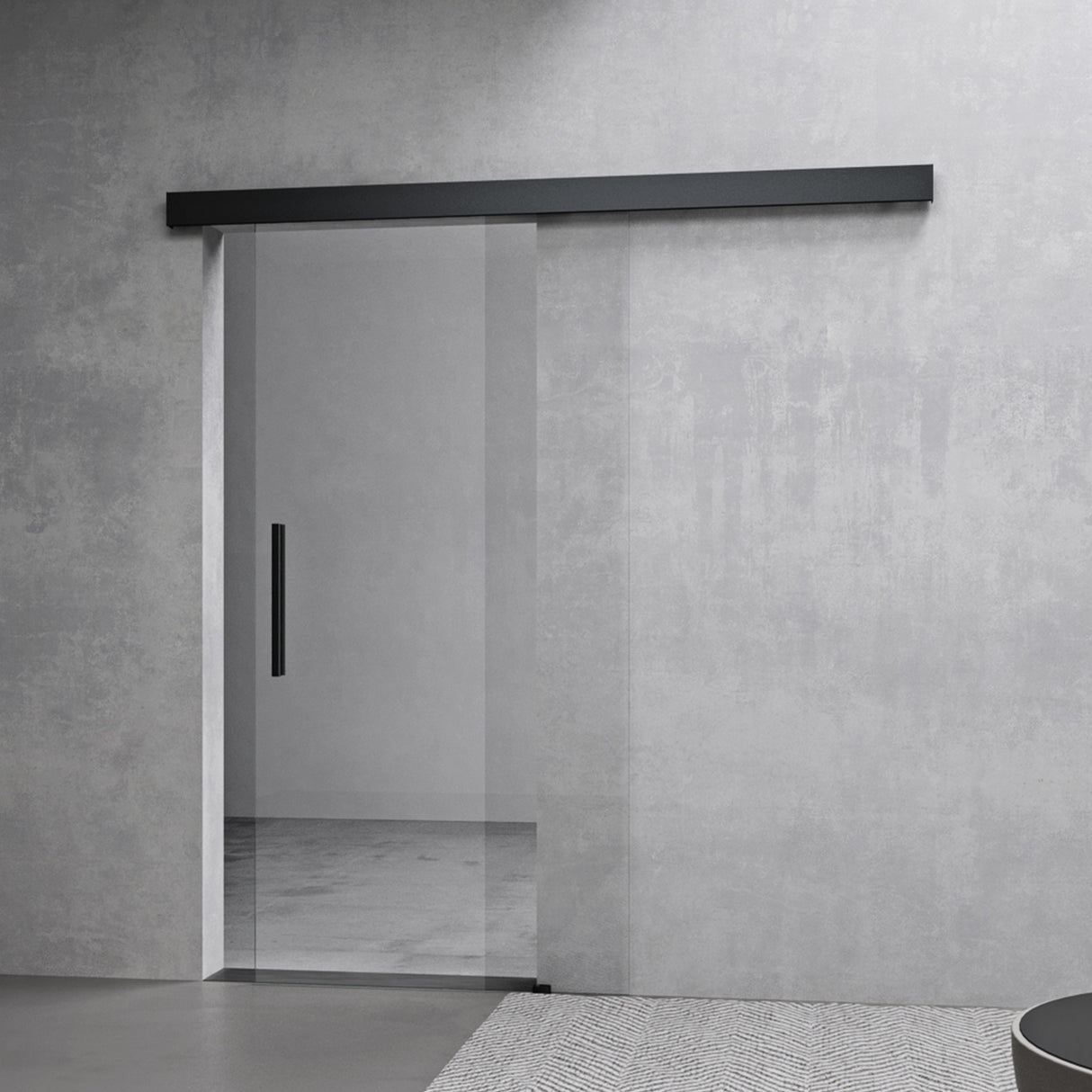 Ensemble complet de porte coulissante en verre Glasvilla, poignée barre, dégagement mural de 15 mm, fermeture amortie incluse, verre de sécurité trempé 8 mm Amalfi Black