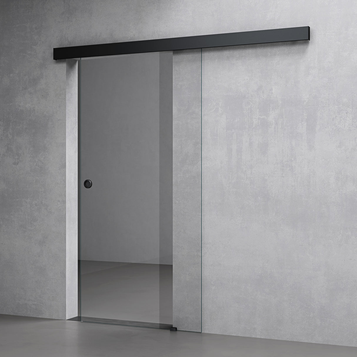 conjunto completo de puerta corredera de vidrio glasvilla, tipo de manija: manija de concha, incluye cierre suave, distancia de pared de 25 mm, vidrio de seguridad ESG de 8 mm Amalfi Negro