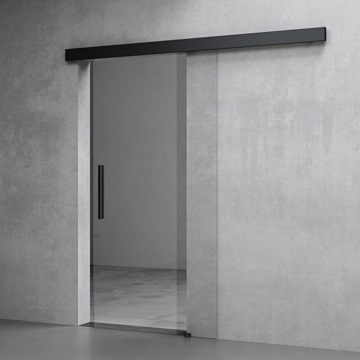 Ensemble complet de porte coulissante en verre Glasvilla, poignée barre, dégagement mural de 15 mm, fermeture amortie incluse, verre de sécurité trempé 8 mm Amalfi Black
