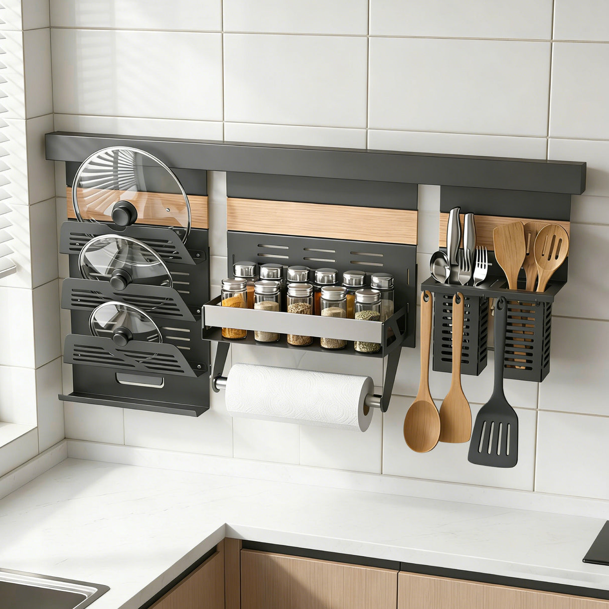 glasvilla -Stöckiges Gewürzregal Küche mit Handyhalter und Utensilientöpfe inkl. 5 Haken, Multifunktional Küchenregal abnehmbar mit Schiene , Küchen Organizer Reglo-09-12