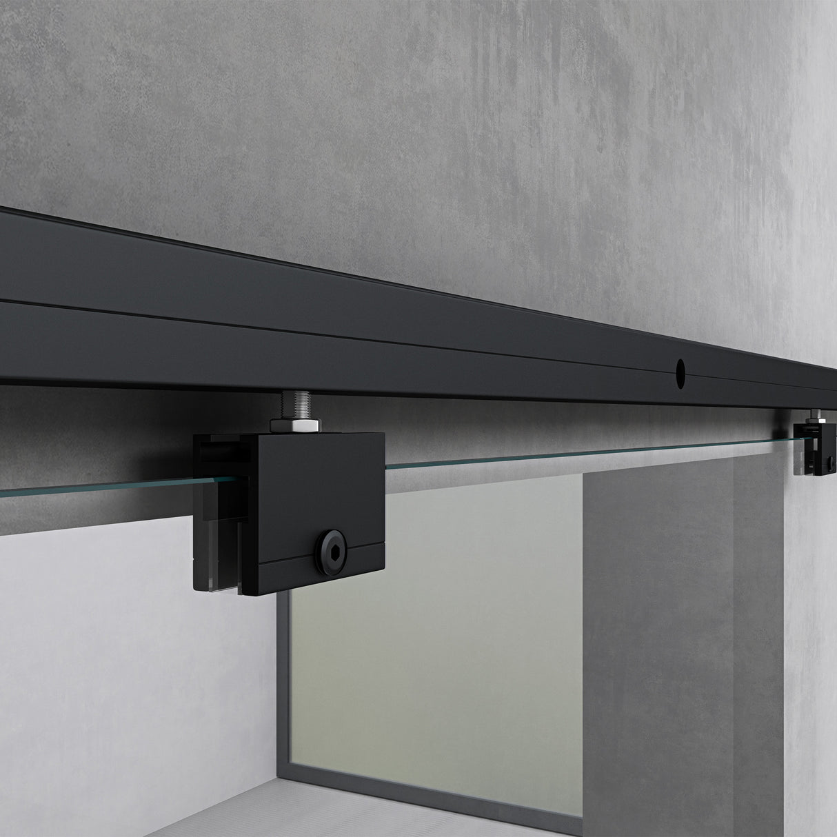 conjunto completo de puerta corredera de vidrio glasvilla, tipo de manija: manija de concha, incluye cierre suave, distancia de pared de 25 mm, vidrio de seguridad ESG de 8 mm Amalfi Negro