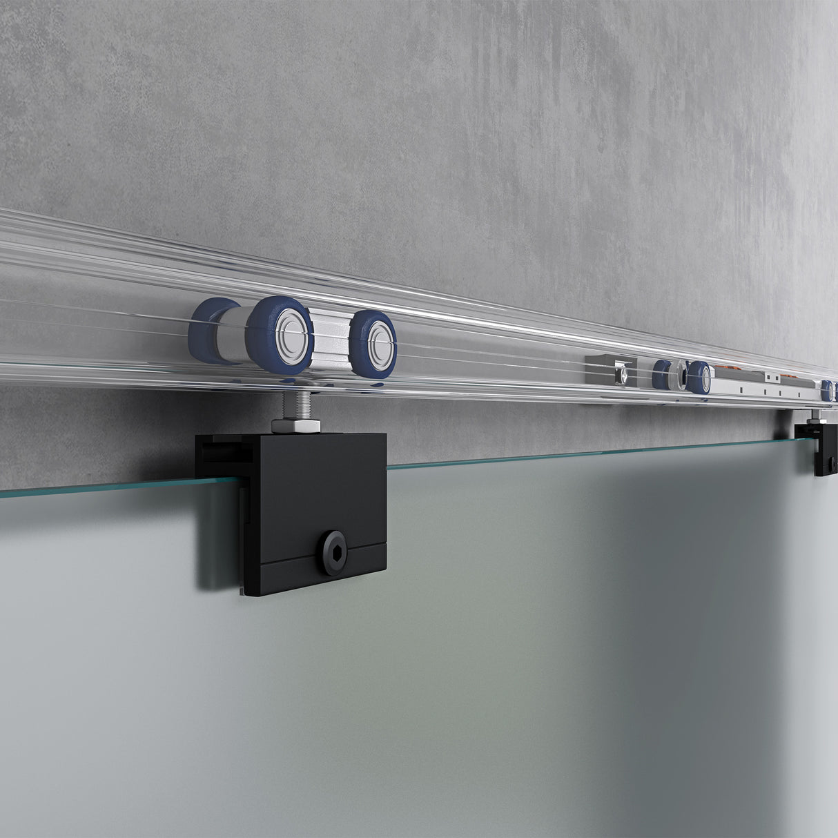 Ensemble complet de porte coulissante en verre Glasvilla, poignée barre, dégagement mural de 15 mm, fermeture amortie incluse, verre de sécurité trempé 8 mm Amalfi Black