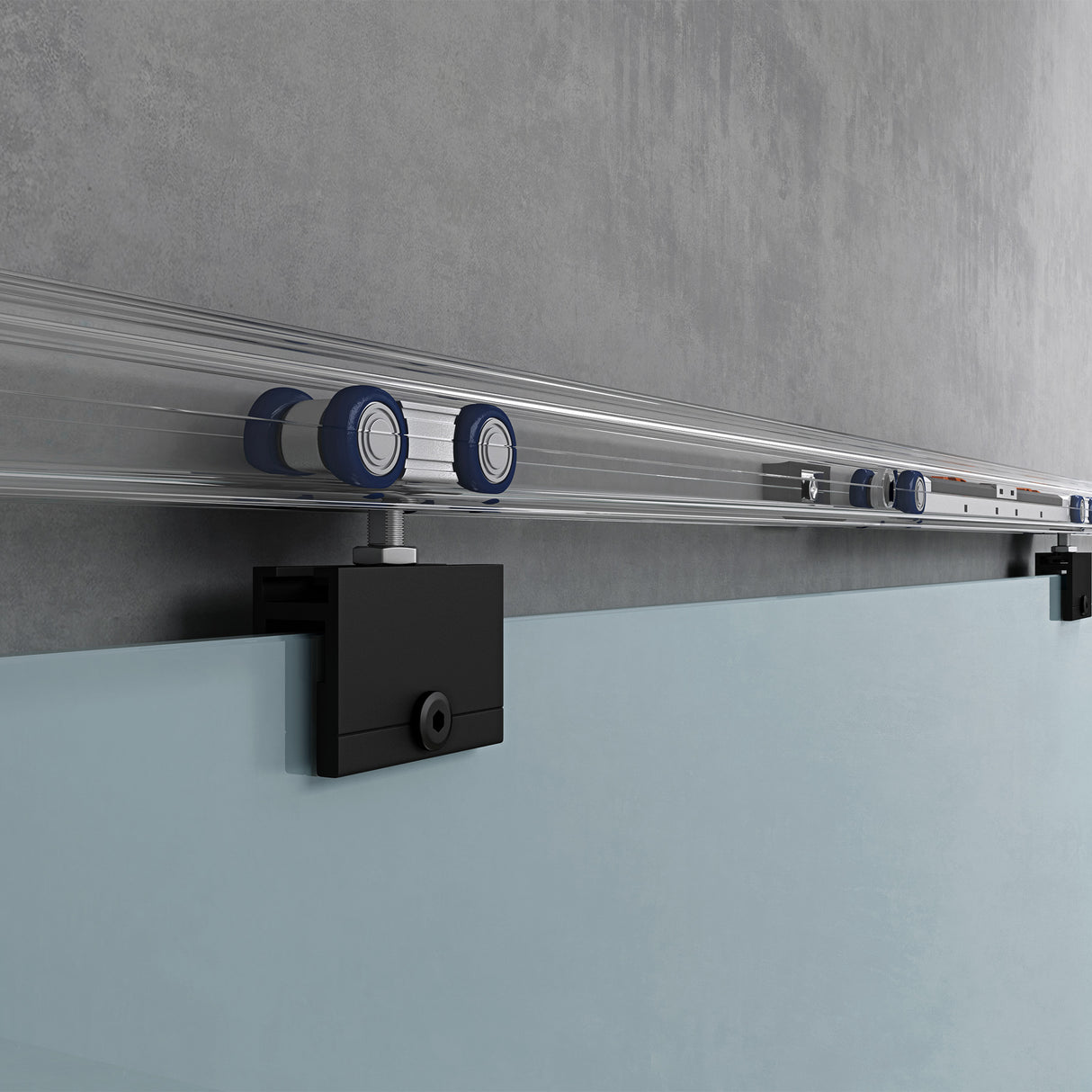 conjunto completo de puerta corredera de vidrio glasvilla, tipo de manija: manija de concha, incluye cierre suave, distancia de pared de 25 mm, vidrio de seguridad ESG de 8 mm Amalfi Negro