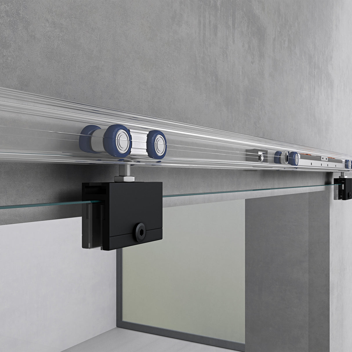 Ensemble complet de porte coulissante en verre Glasvilla, poignée barre, dégagement mural de 15 mm, fermeture amortie incluse, verre de sécurité trempé 8 mm Amalfi Black