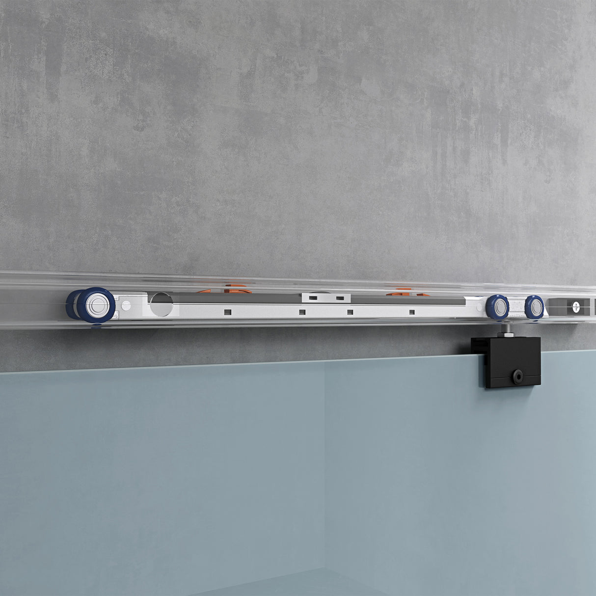 conjunto completo de puerta corredera de vidrio glasvilla, tipo de manija: manija de concha, incluye cierre suave, distancia de pared de 25 mm, vidrio de seguridad ESG de 8 mm Amalfi Negro