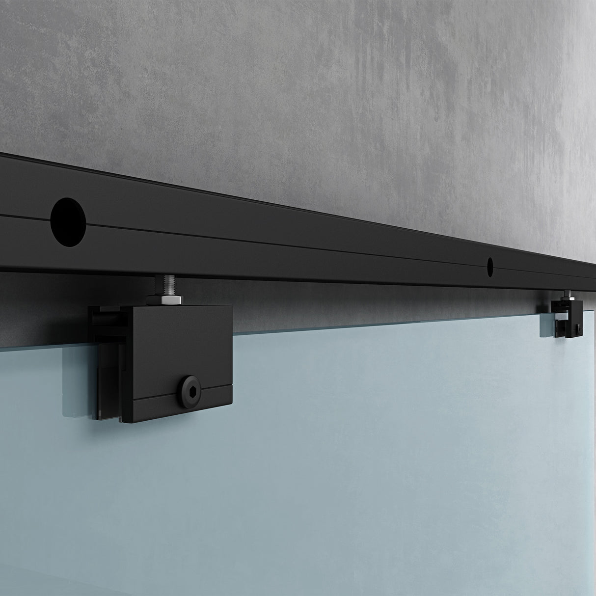 Ensemble complet de porte coulissante en verre Glasvilla, poignée barre, dégagement mural de 15 mm, fermeture amortie incluse, verre de sécurité trempé 8 mm Amalfi Black