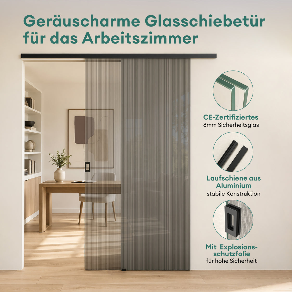 glasvilla Glasschiebetür komplettset Zimmertür Matt Schwarz 8mm ESG-Sicherheitsglas, Schiebetür Glas schwarz gebürstet mit Laufschiene aus Aluminium Muranino-001