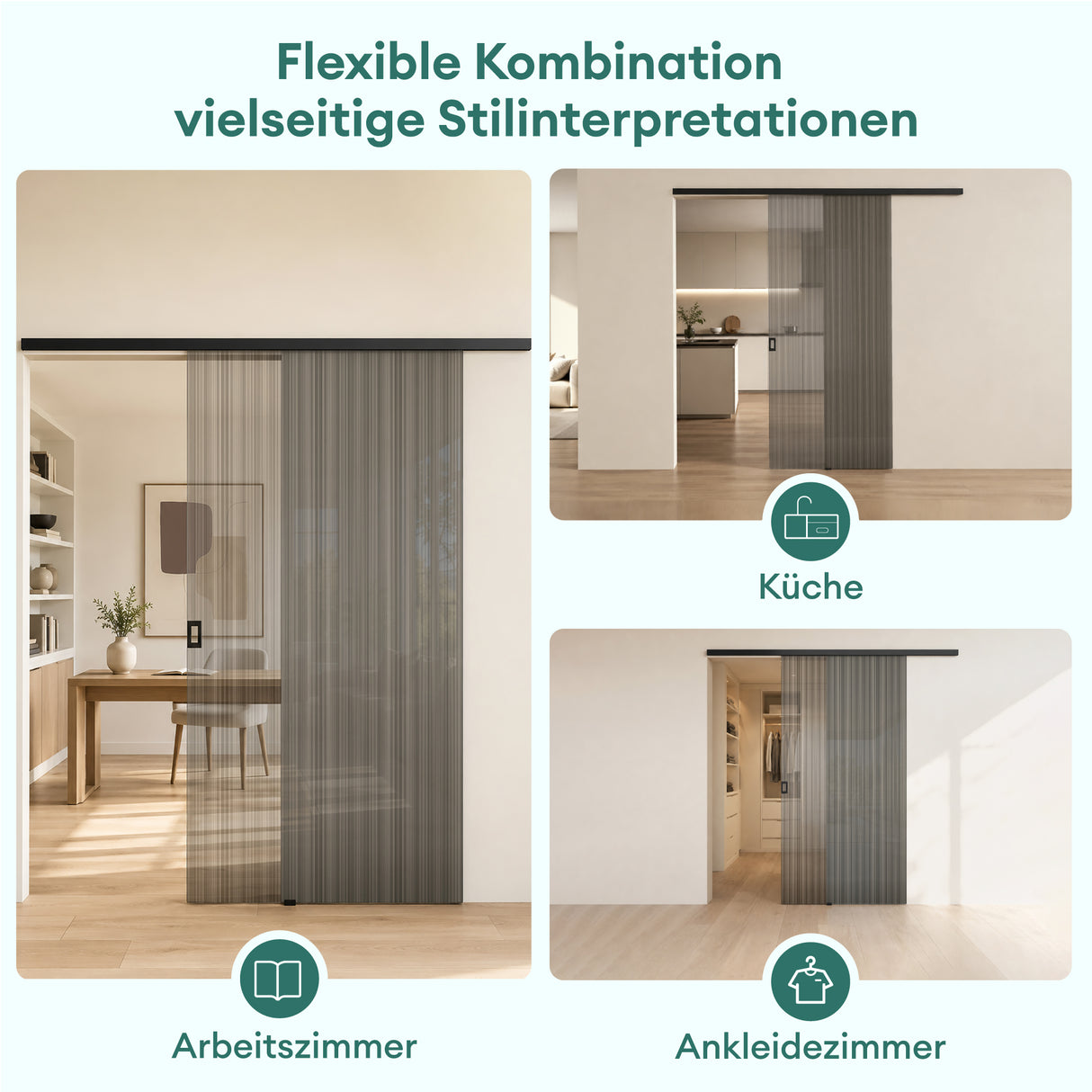 glasvilla Glasschiebetür komplettset Zimmertür Matt Schwarz 8mm ESG-Sicherheitsglas, Schiebetür Glas schwarz gebürstet mit Laufschiene aus Aluminium Muranino-001