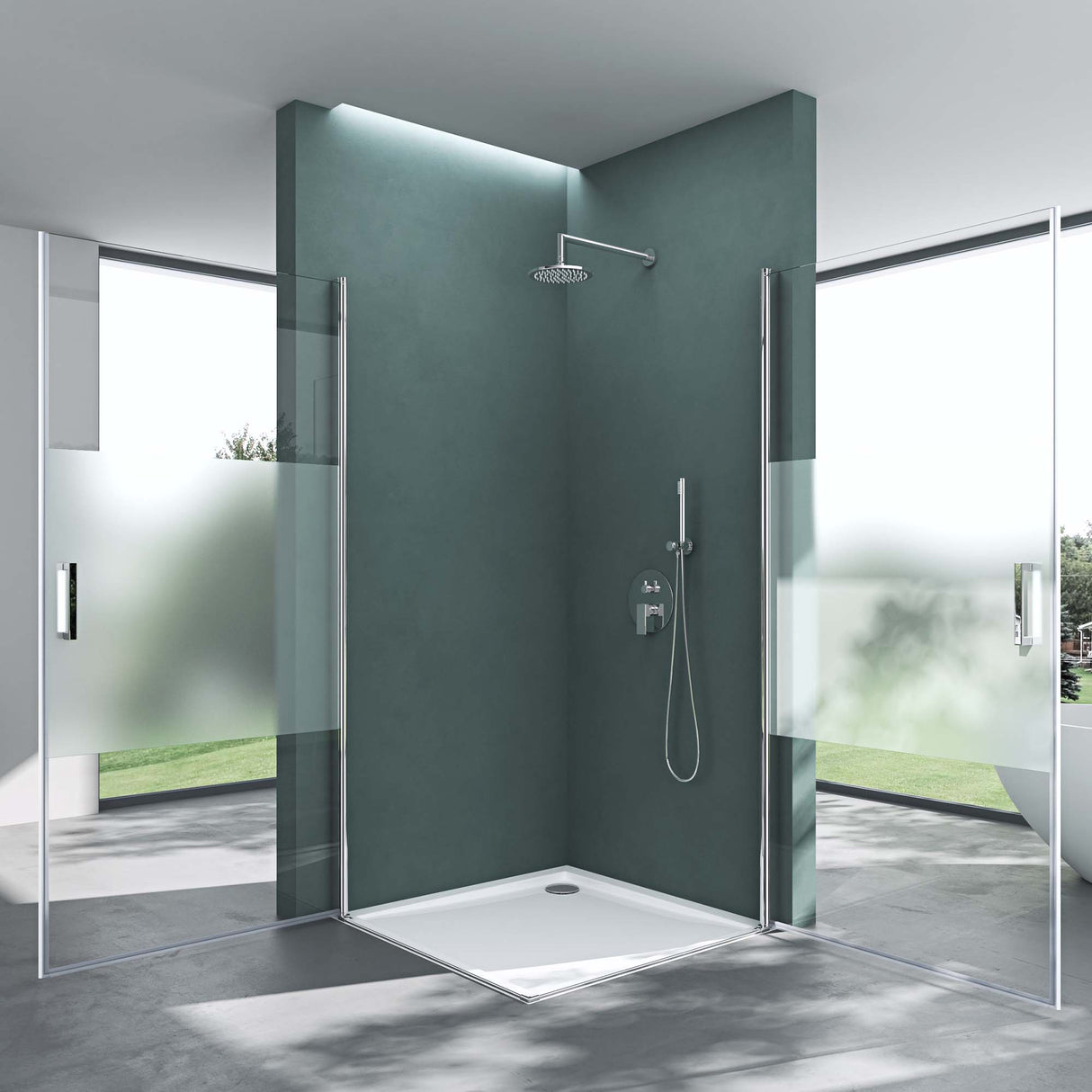 cabina de ducha glasvilla entrada en esquina mecanismo de elevación y descenso separación de ducha vidrio lechoso vidrio de seguridad ESG efecto loto plegable Ravenna24MS