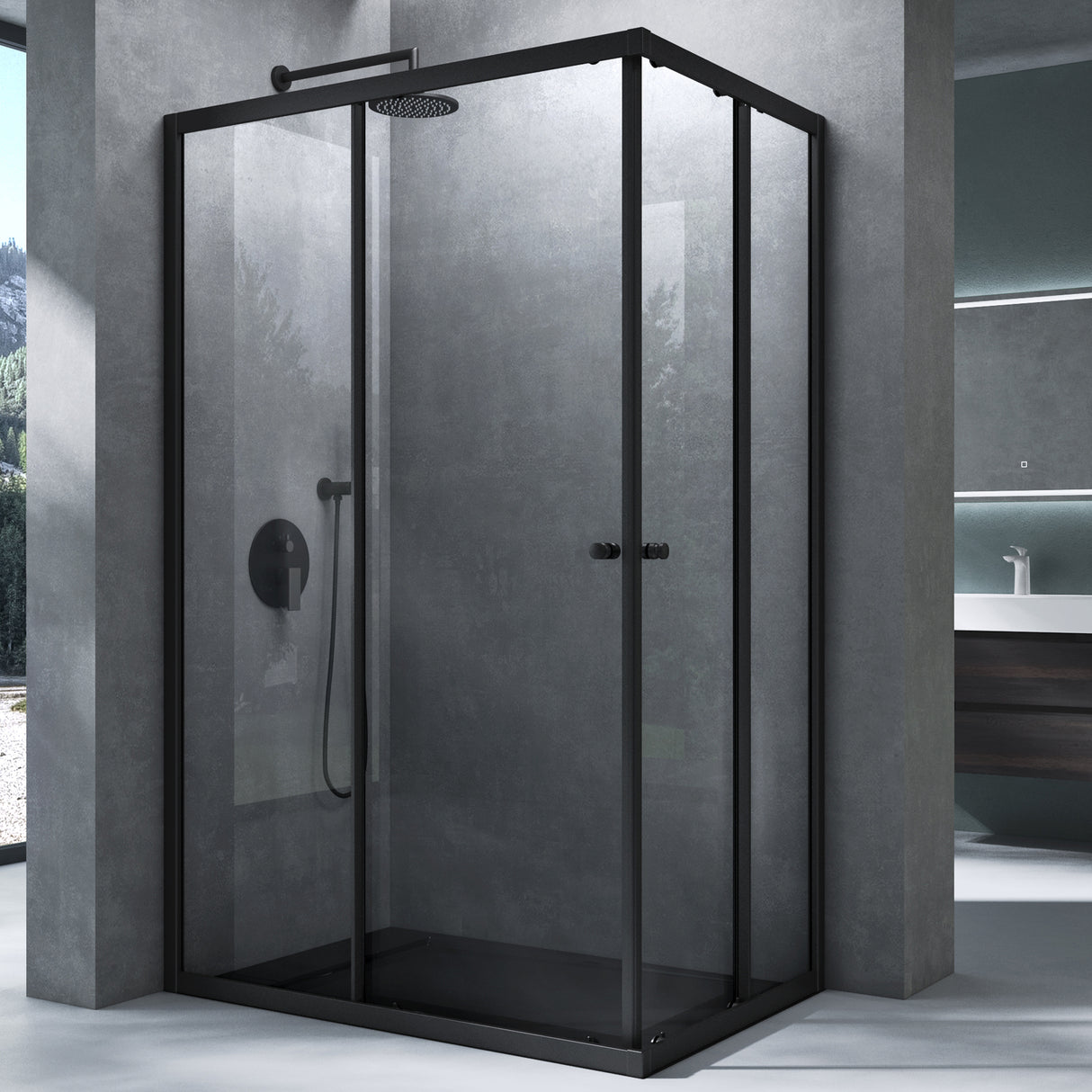 Cabine de douche Glasvilla avec double porte coulissante, porte d'angle, verre véritable effet lotus, verre de sécurité trempé 6 mm Ravenna16K noir
