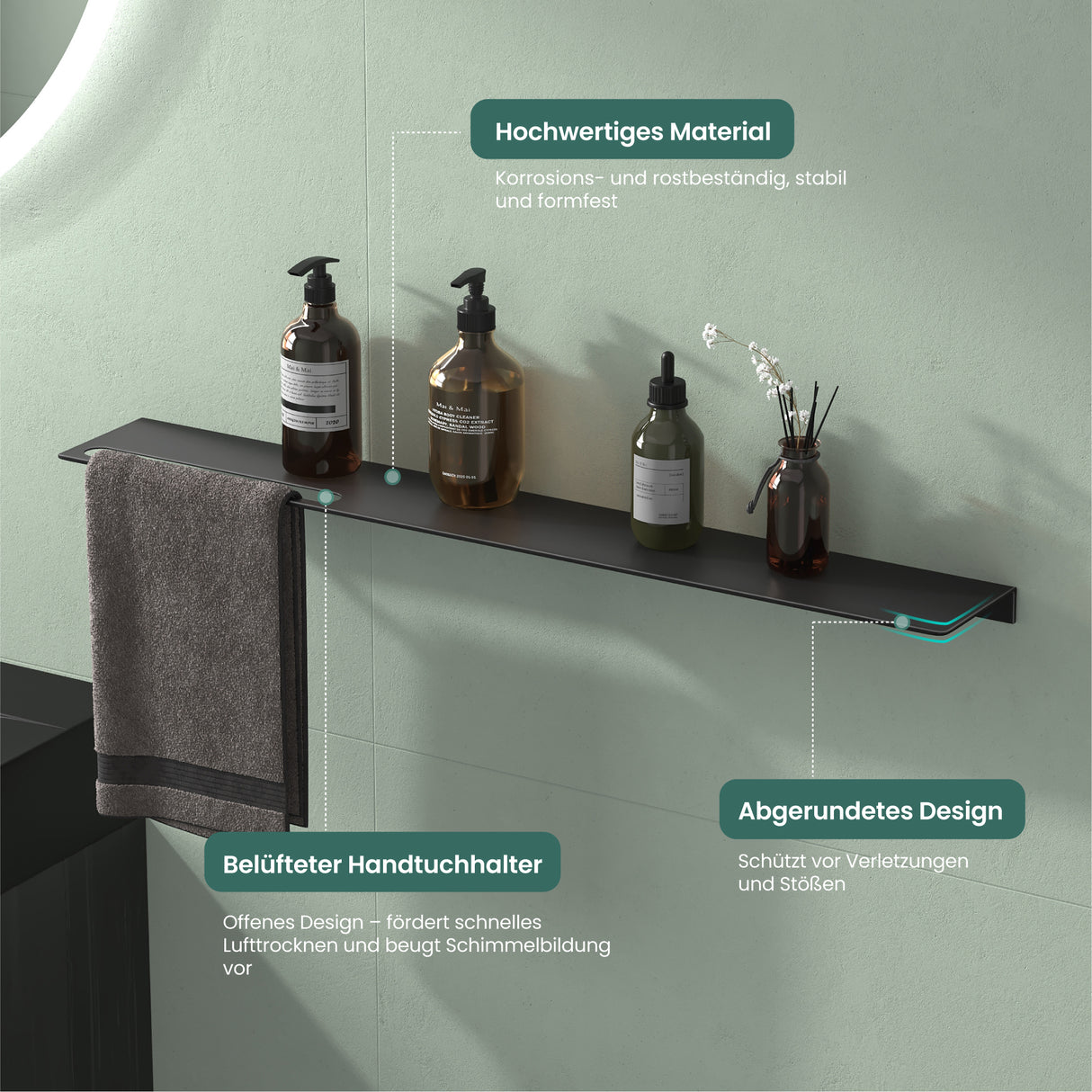 glasvilla Duschablage zum Bohren oder Kleben Duschregal Badablage aus Aluminium Badezimmerablage zur Wandmontage Badezimmer Organizer Reglo-06
