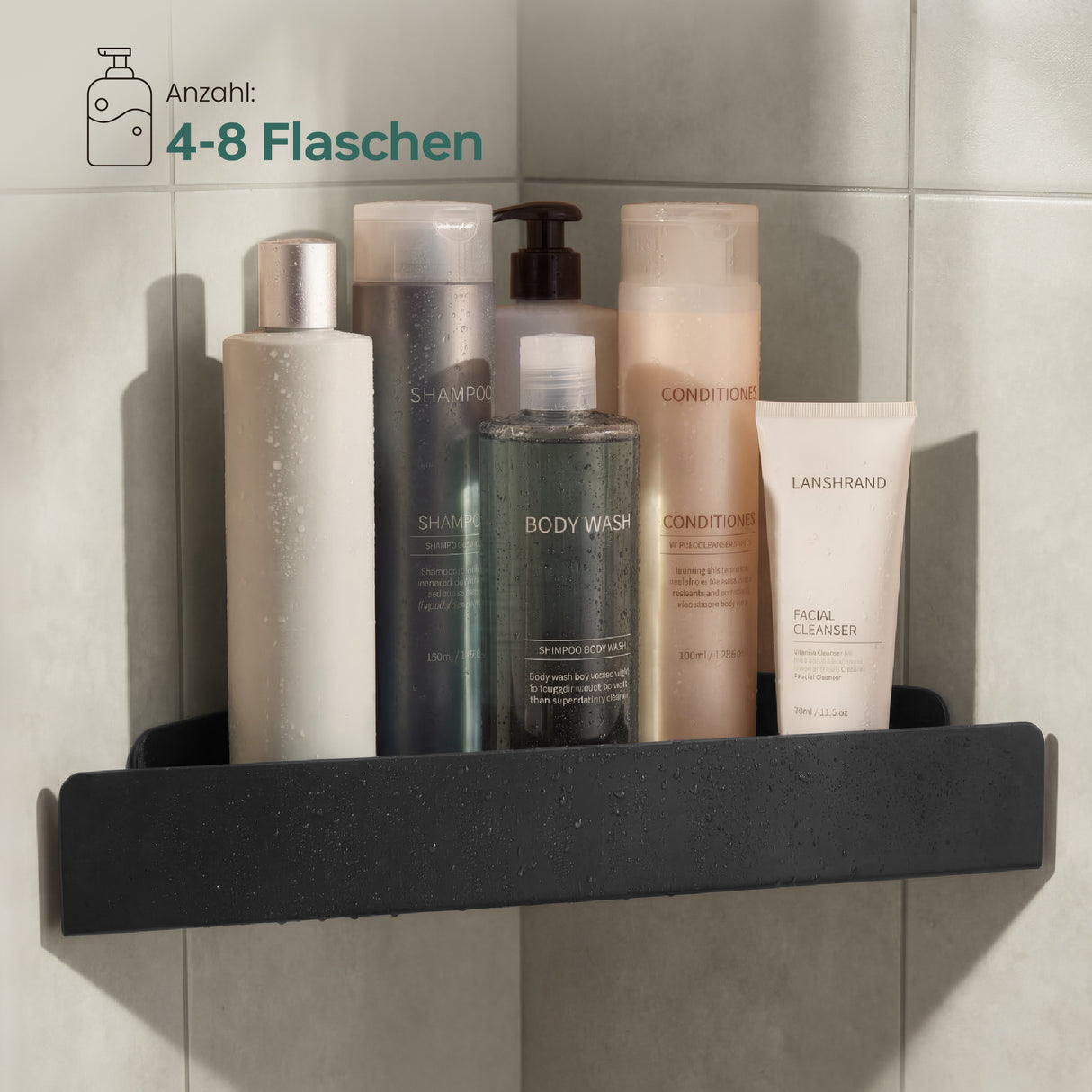 glasvilla Mensola Doccia Angolare in Acciaio al Carbonio, Antiruggine, Mensola Bagno Adesiva o con Foratura da Appendere per Shampoo Sapone Bagnoschiuma, Reglo-07