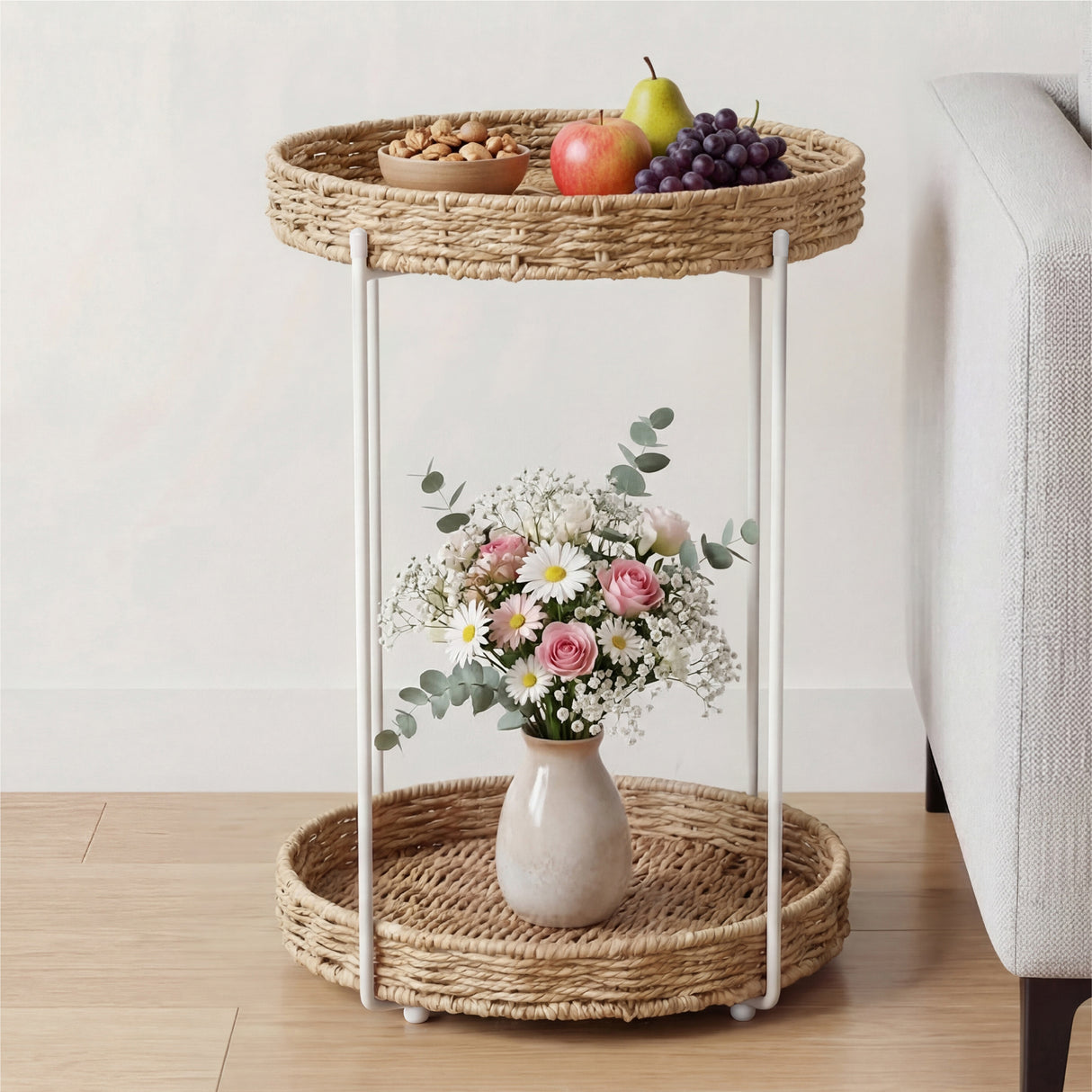 glasvilla Beistelltisch rund , Couchtisch klein mit abnehmbarem Tablett aus Papierkordel, Sofatisch für Wohnzimmer, Schlafzimmer und Balkon, Reglo-08